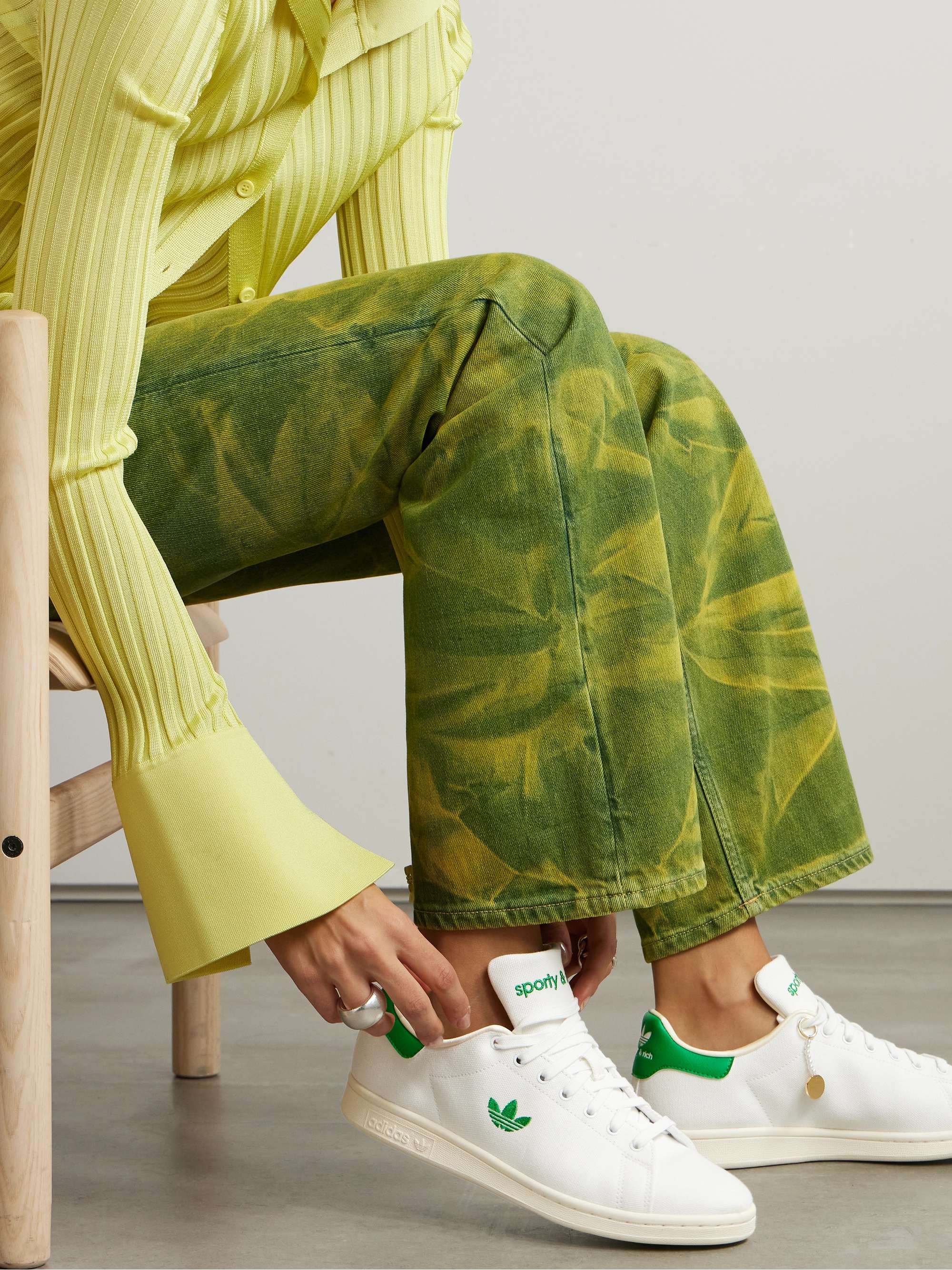 ADIDAS ORIGINALS + Sporty & Rich Stan Smith leather-trimmed canvas sneakers  | NET-A-PORTER