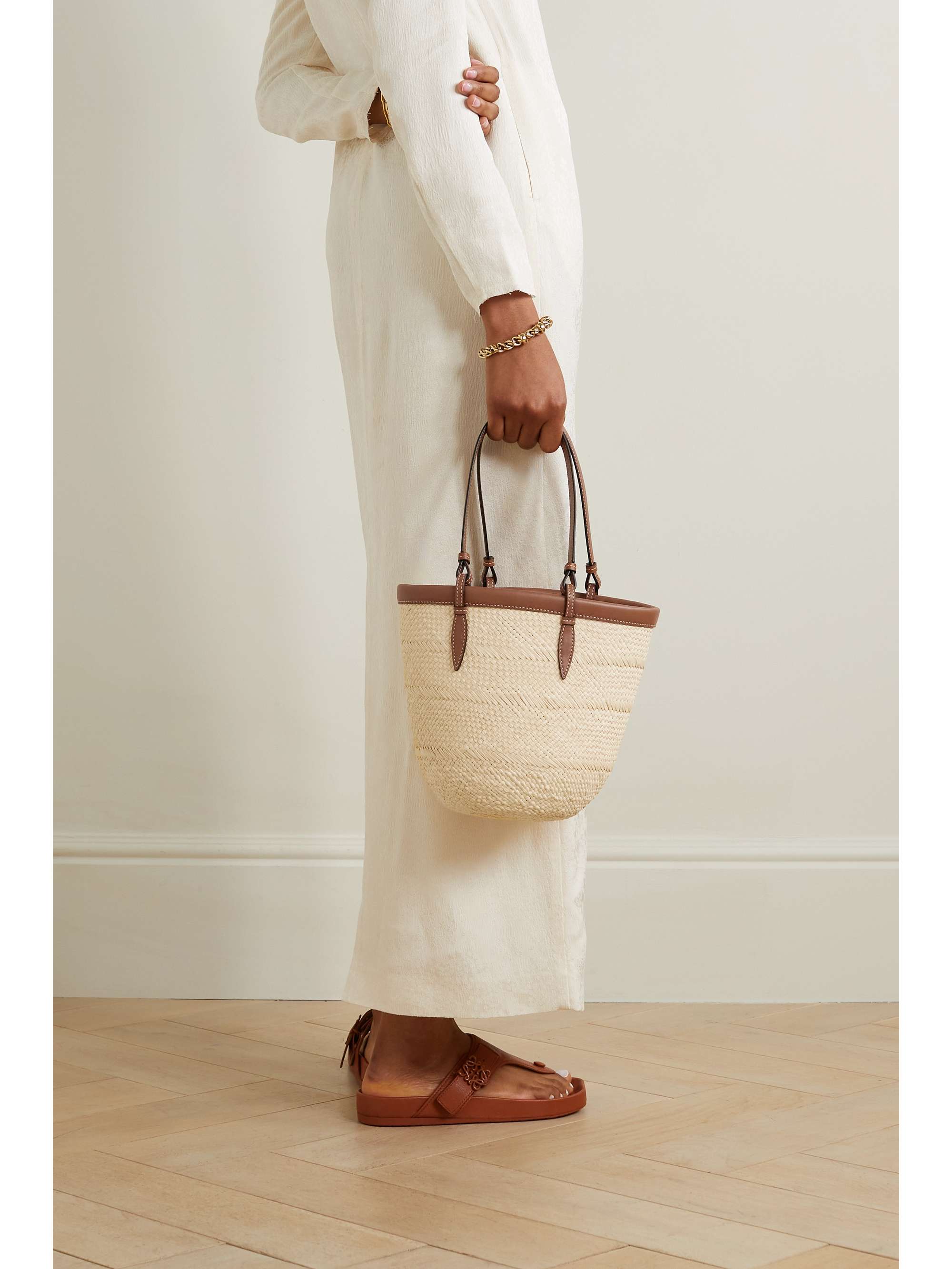 HUNTING SEASON Small leather-trimmed raffia tote | NET-A-PORTER