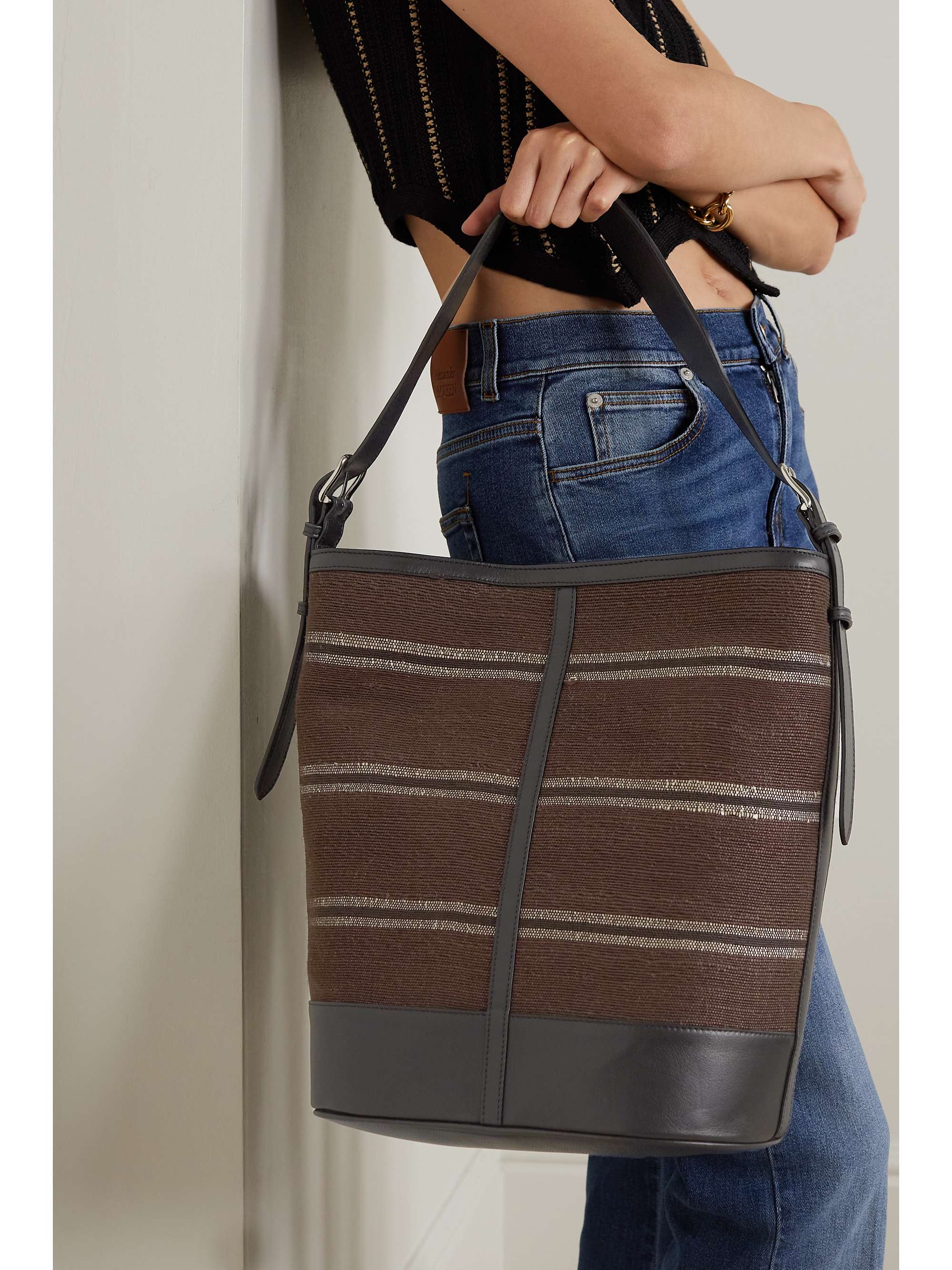 HUNTING SEASON Leathertrimmed striped raffia tote NETAPORTER