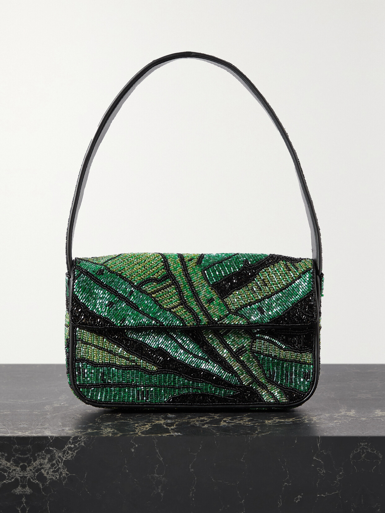 STAUD - Tommy Vegan Leather-trimmed Beaded Satin Shoulder Bag - Green