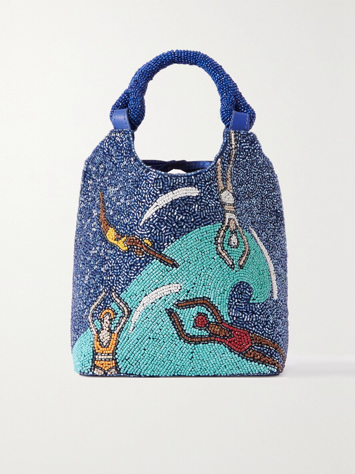 STAUD - Cote Faux Leather-trimmed Beaded Satin Bucket Bag - Blue