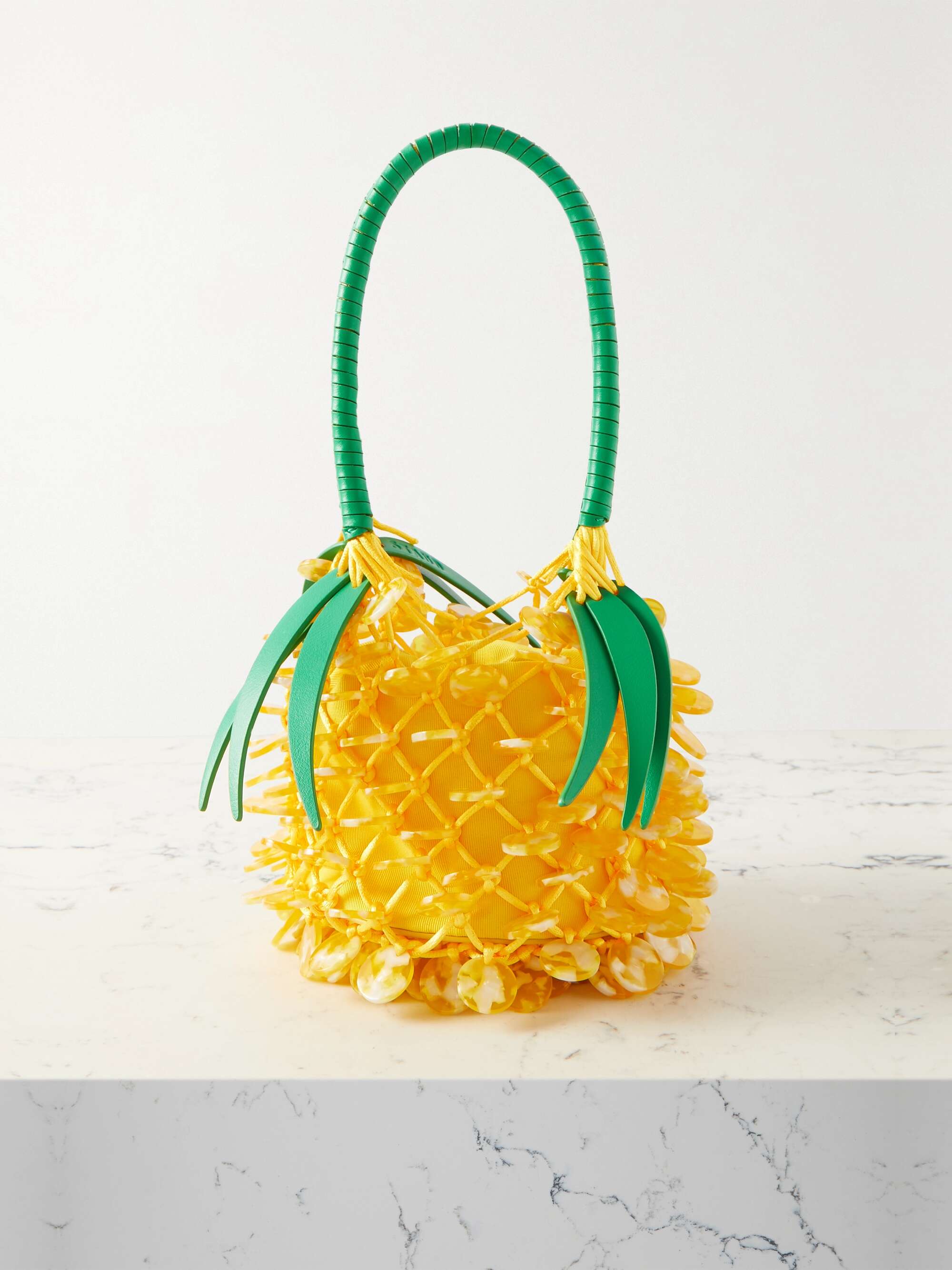 STAUD Pietro embellished leathertrimmed crochetknit bucket bag NET