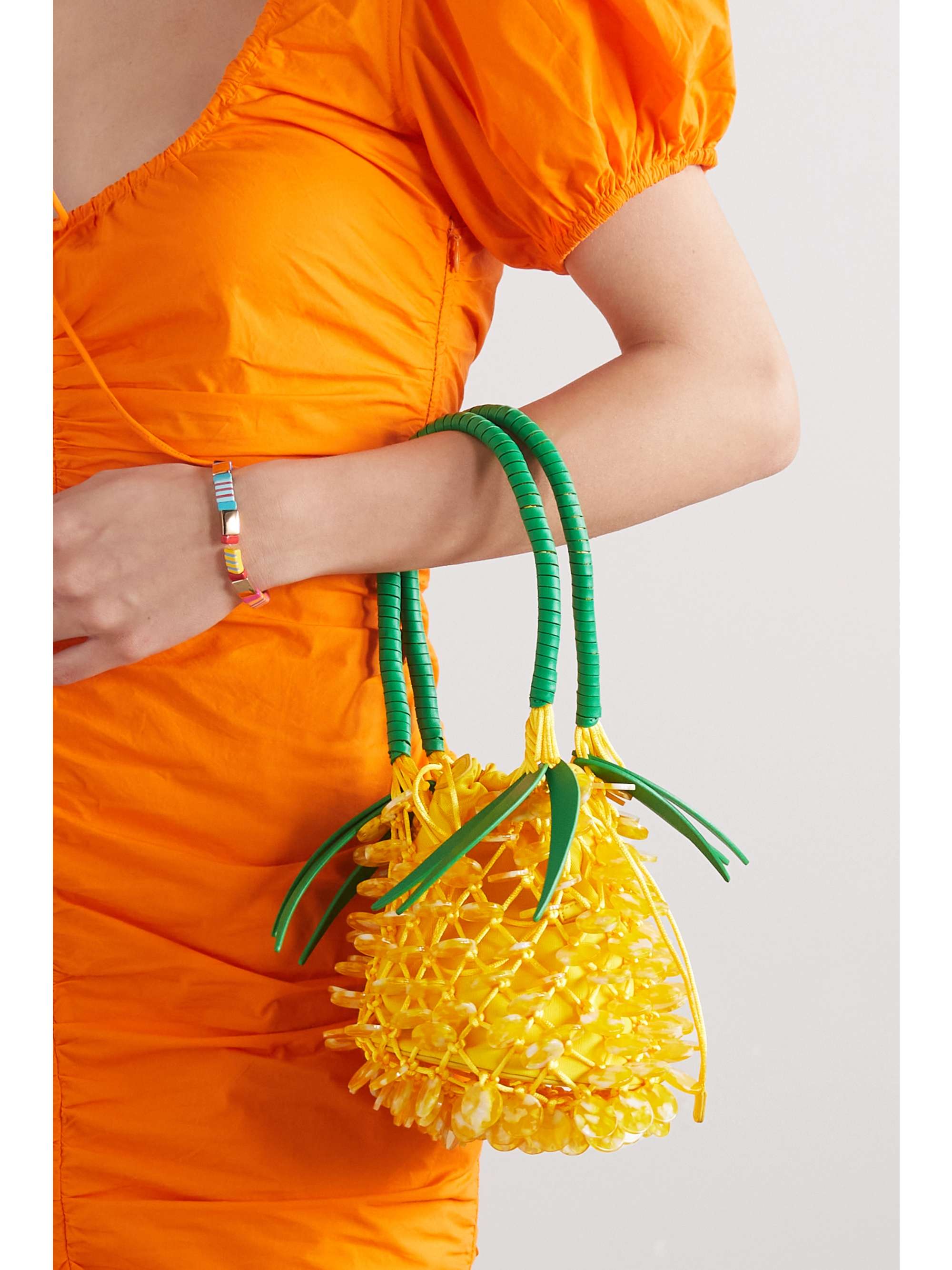 STAUD Pietro embellished leathertrimmed crochetknit bucket bag NET