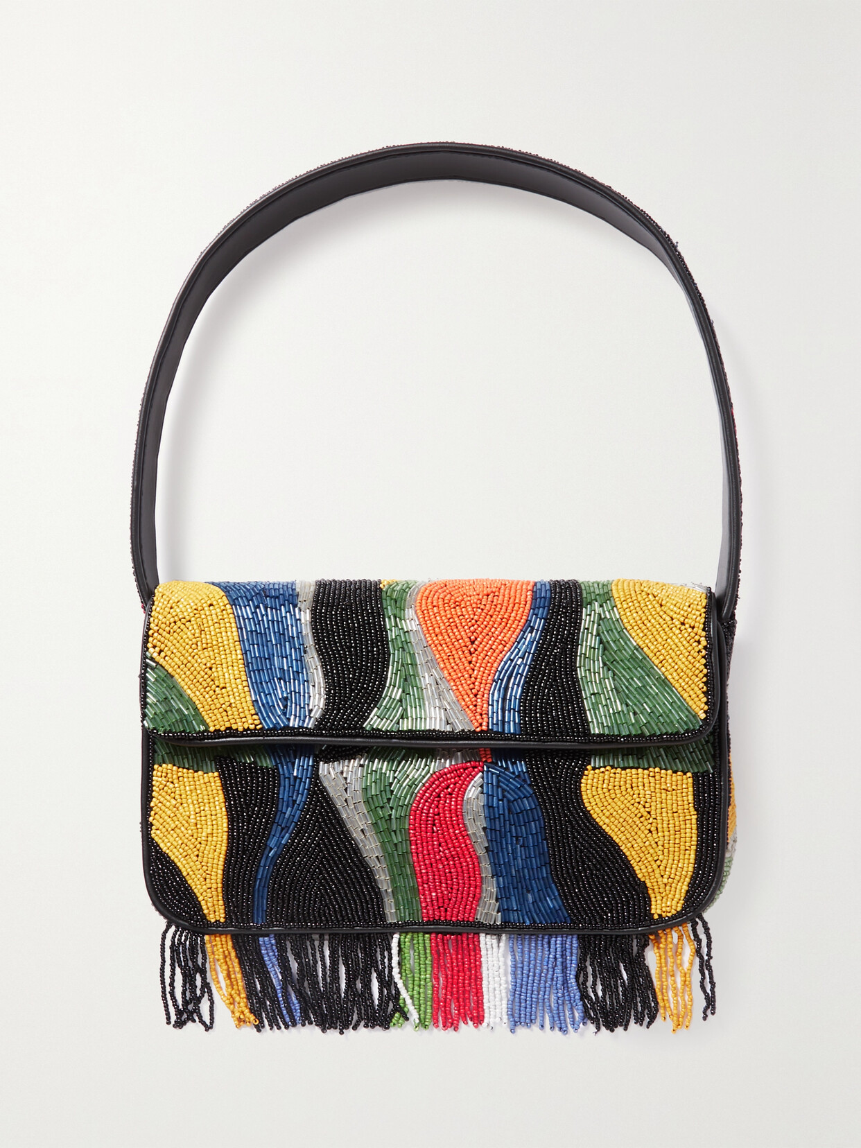 STAUD - Tommy Vegan Leather-trimmed Beaded Satin Shoulder Bag - Black