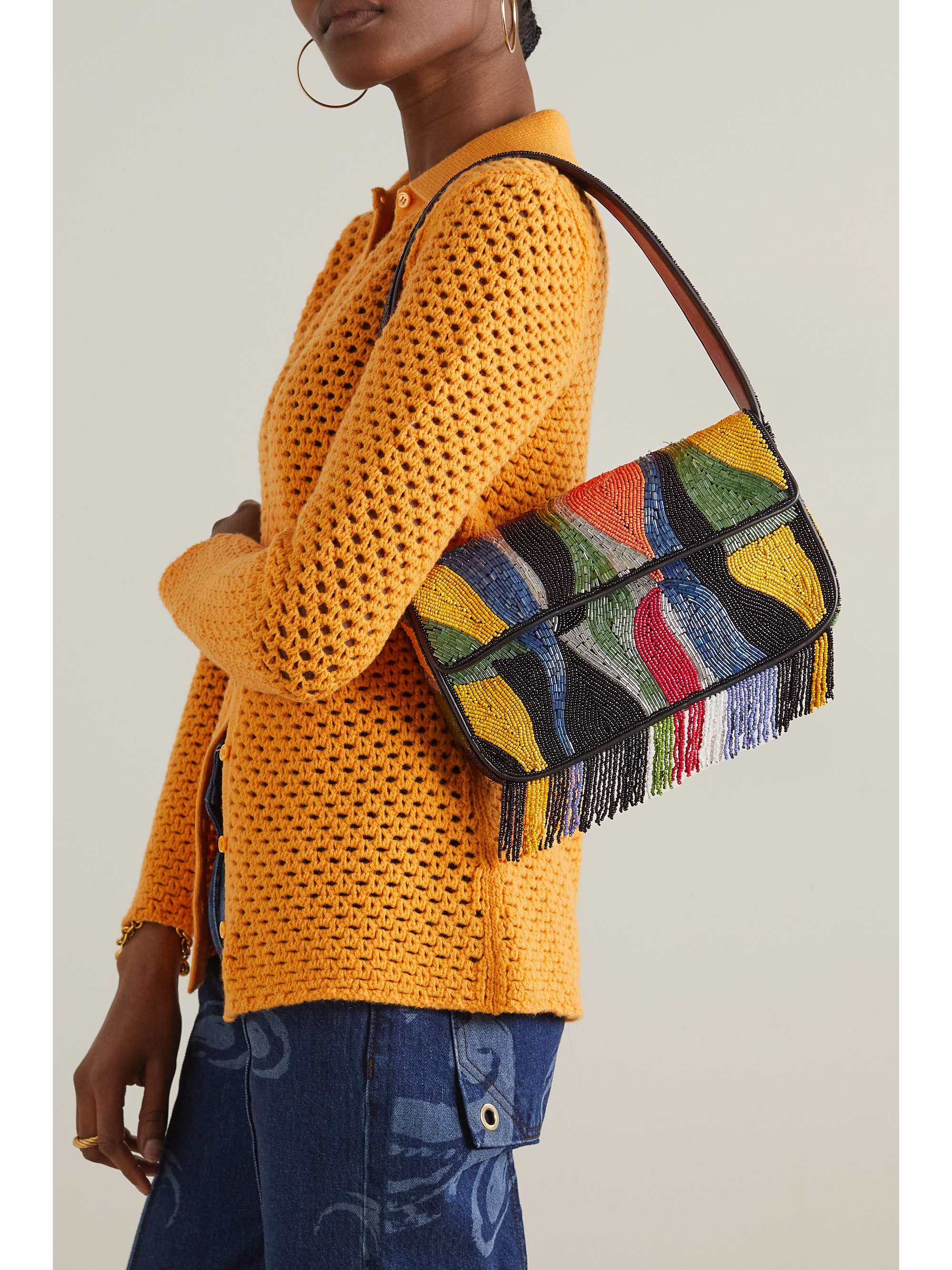 STAUD Tommy vegan leather trimmed beaded satin shoulder bag NET