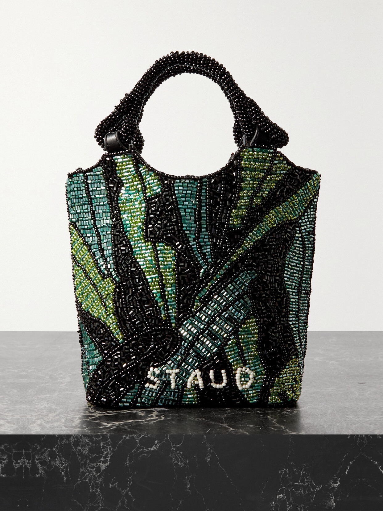 STAUD - Zoe Leather-trimmed Beaded Satin Tote - Green