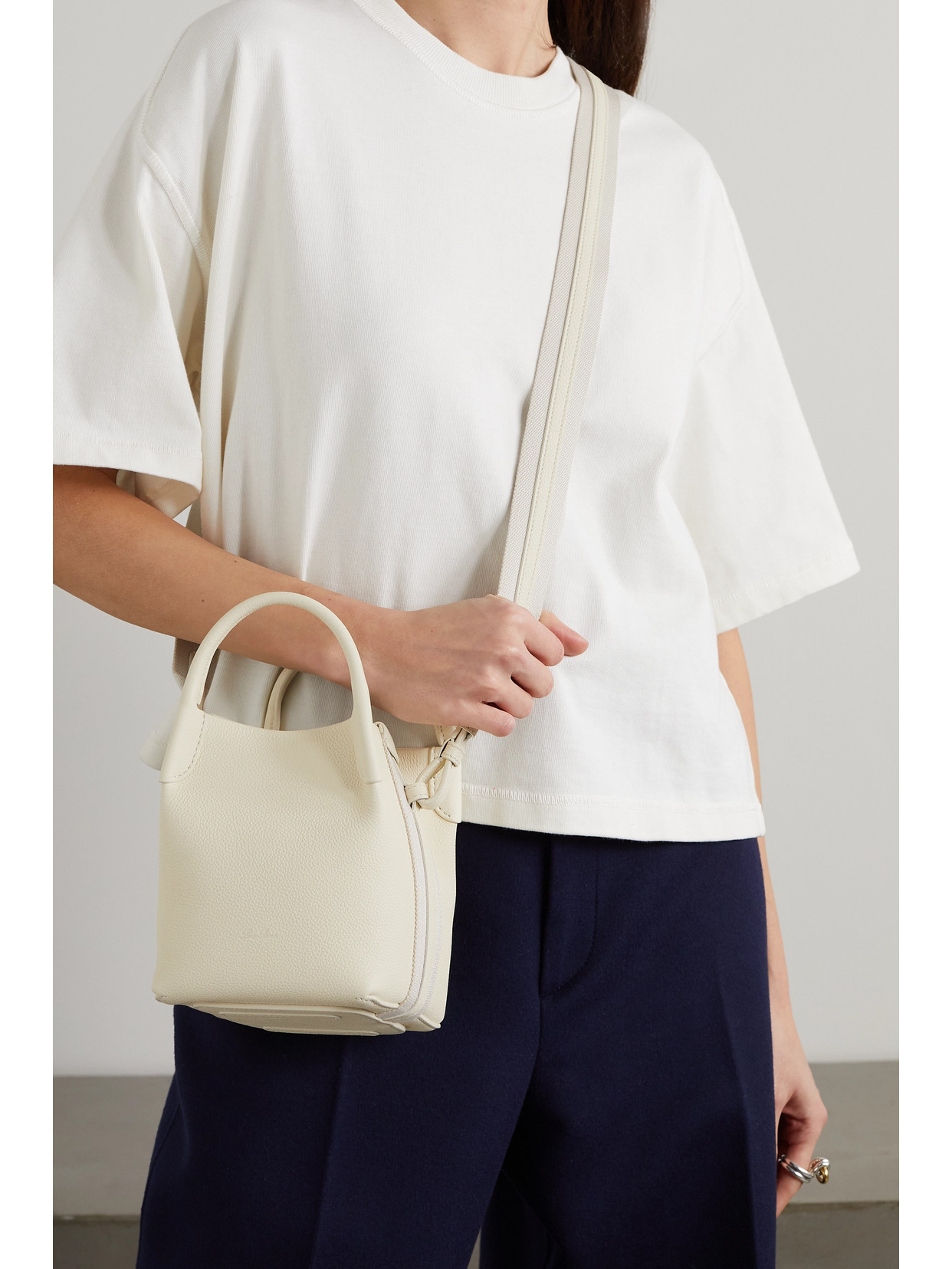 Shop Loro Piana Bale Canvas-trimmed Textured-leather Shoulder Bag In Cream