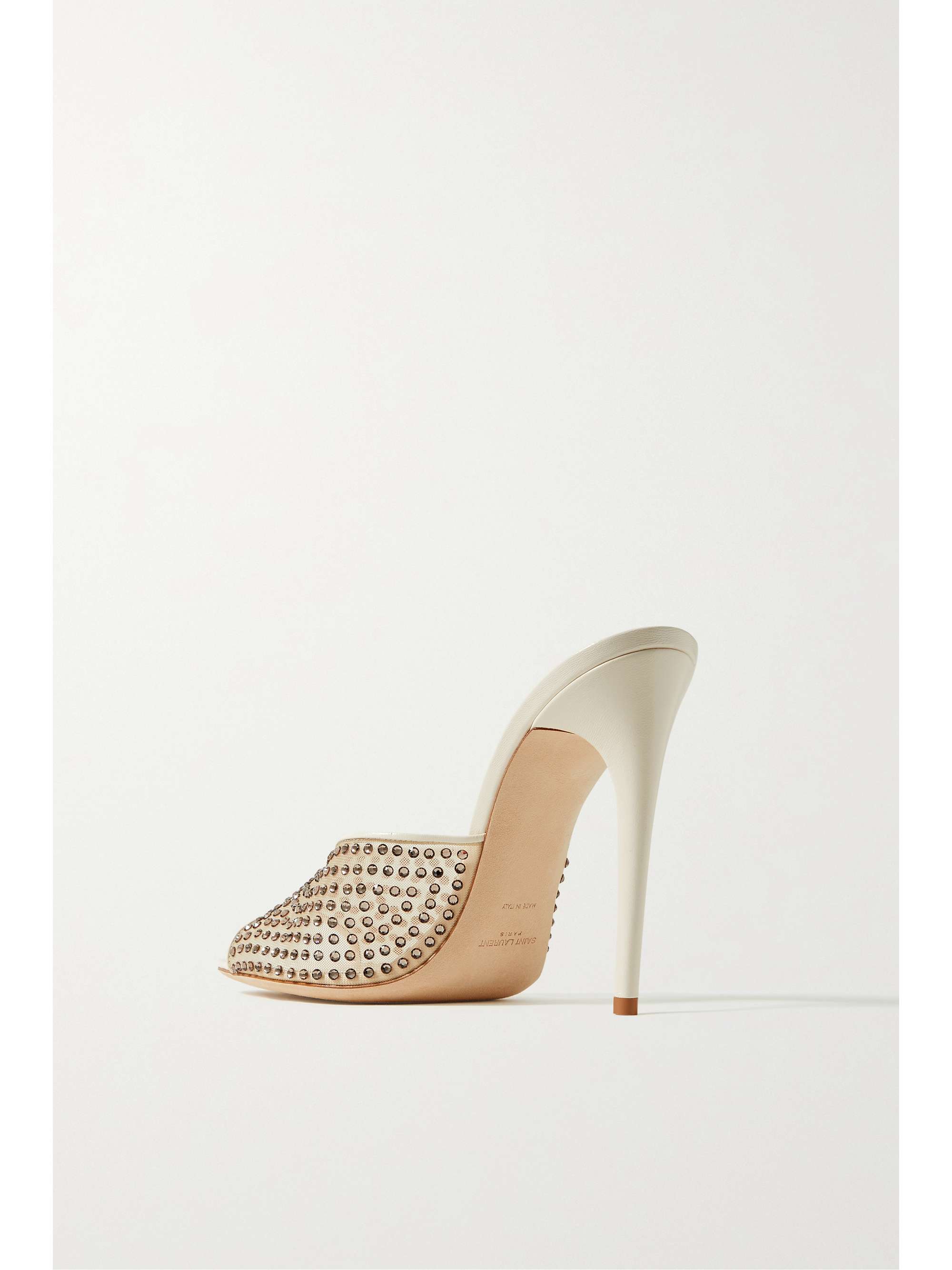 SAINT LAURENT Blonde leather-trimmed crystal-embellished mesh mules
