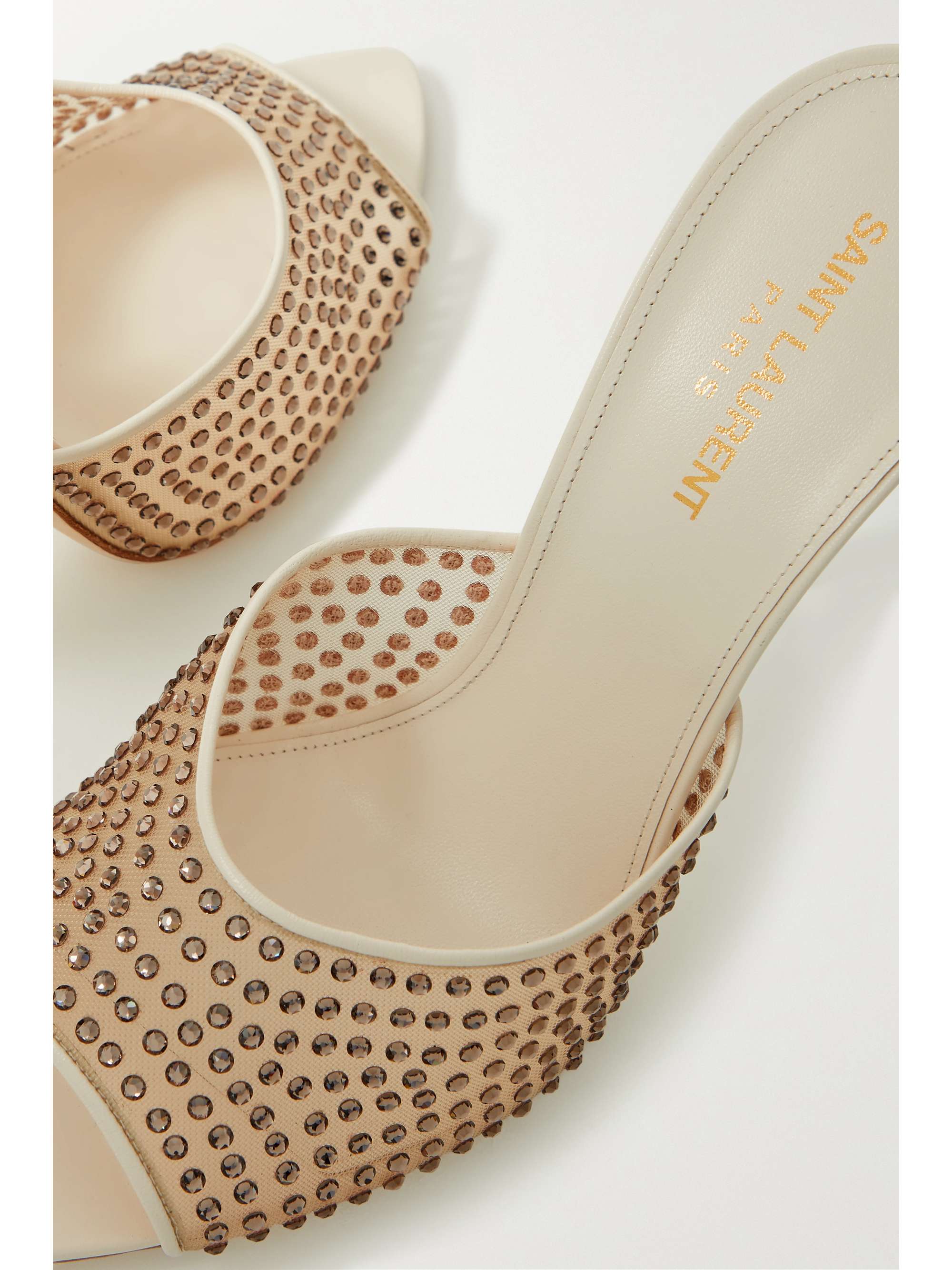 SAINT LAURENT Blonde leather-trimmed crystal-embellished mesh mules