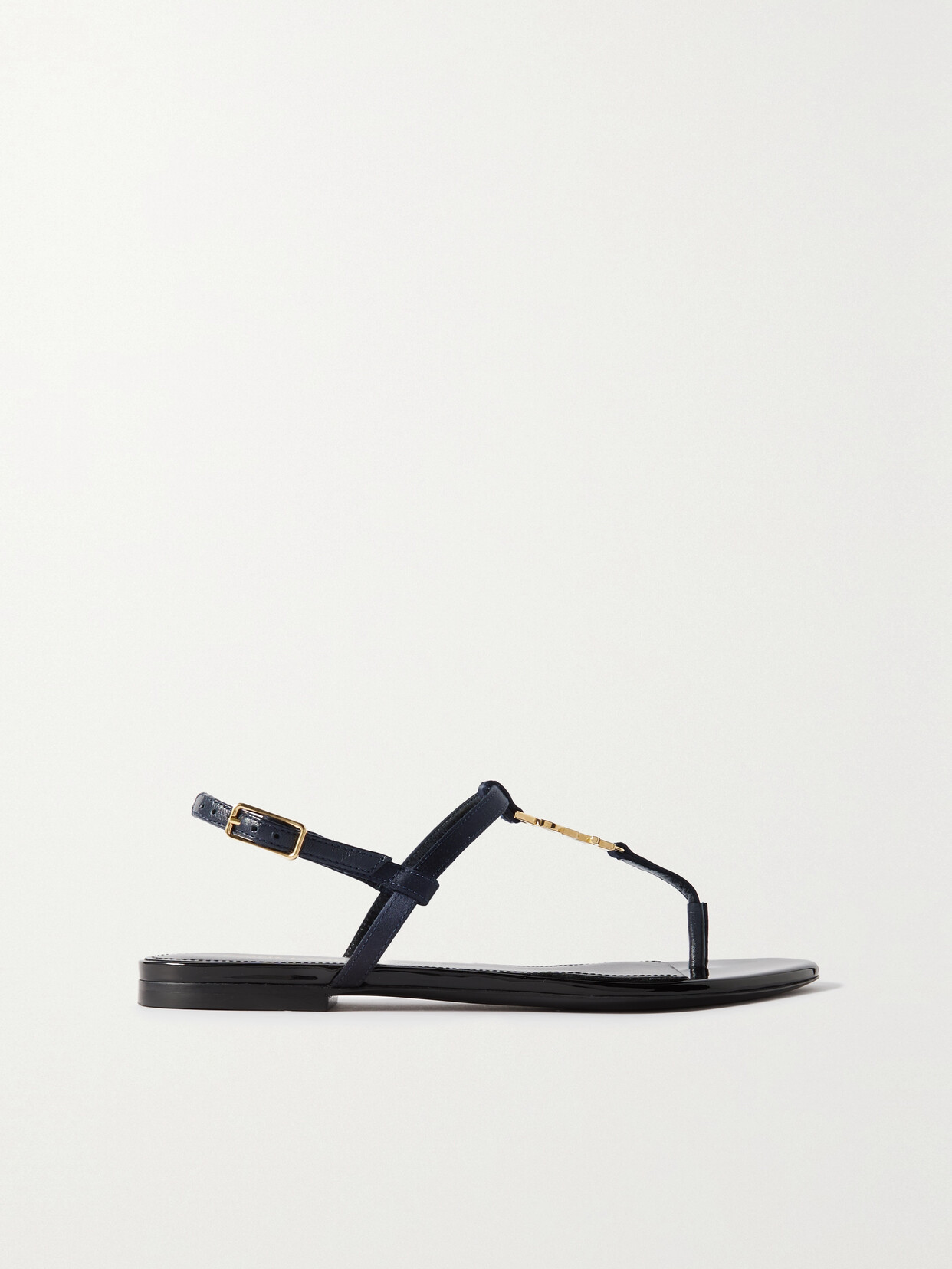 Saint Laurent Black Cassandra Flat Sandals In Crocodile-embossed Leather With Gold-tone Monogram In Blue