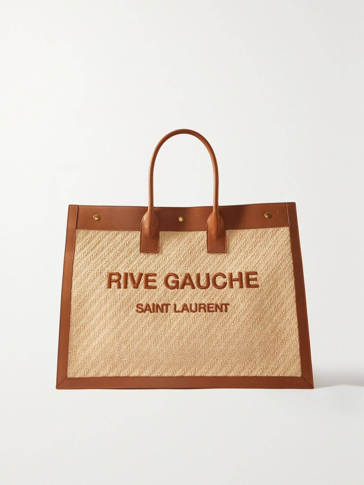 SAINT LAURENT - Leather-trimmed Embroidered Raffia Tote - Neutrals