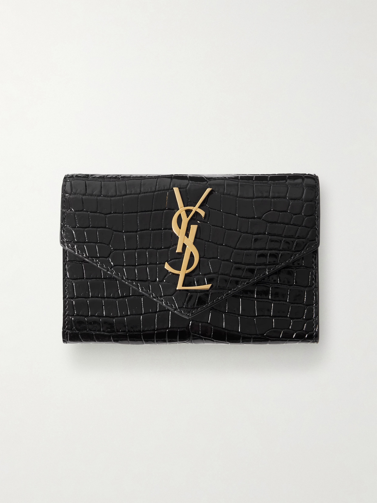 Saint Laurent Cassandre Glossed Croc-effect Leather Wallet In Black