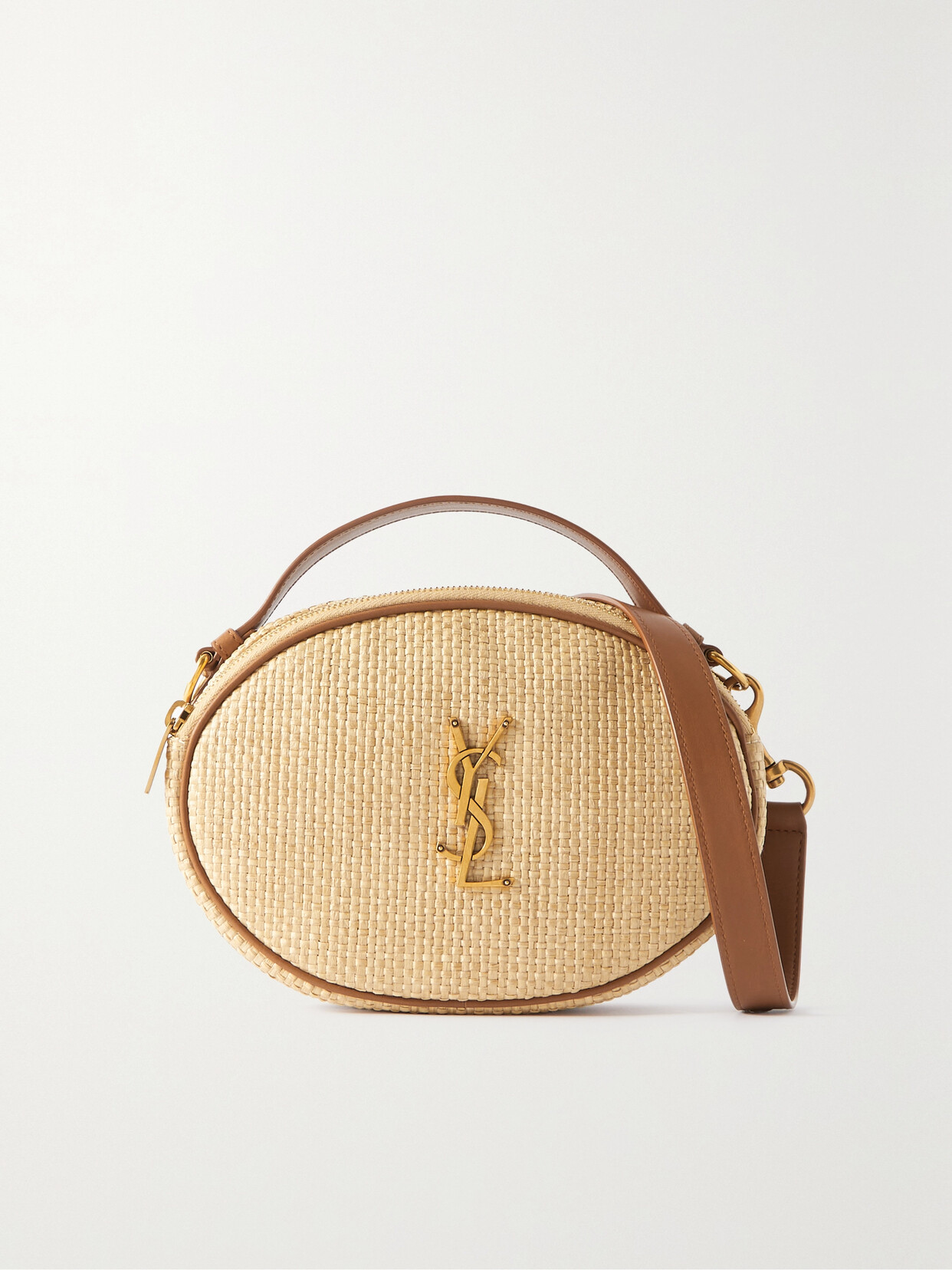 Saint Laurent Cassandre Leather-trimmed Embellished Raffia Shoulder Bag In Neutrals