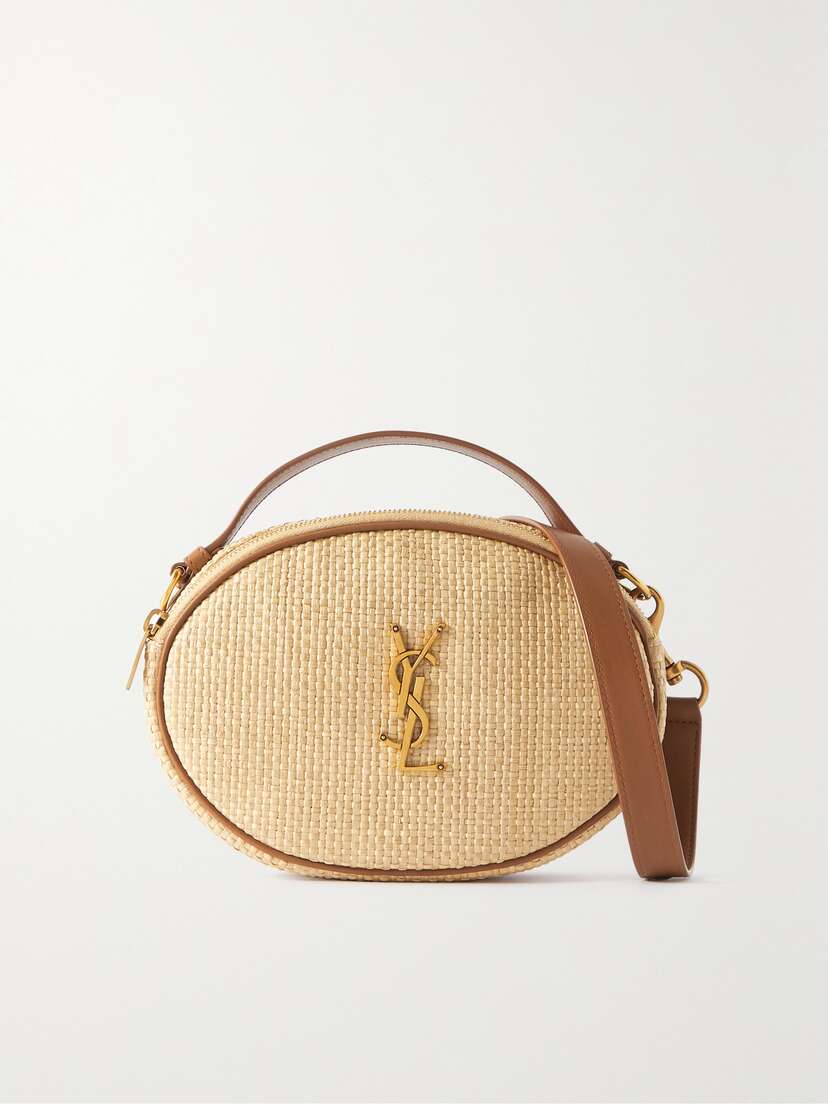 Saint Laurent Cassandre Leather-trimmed Embellished Raffia Shoulder Bag