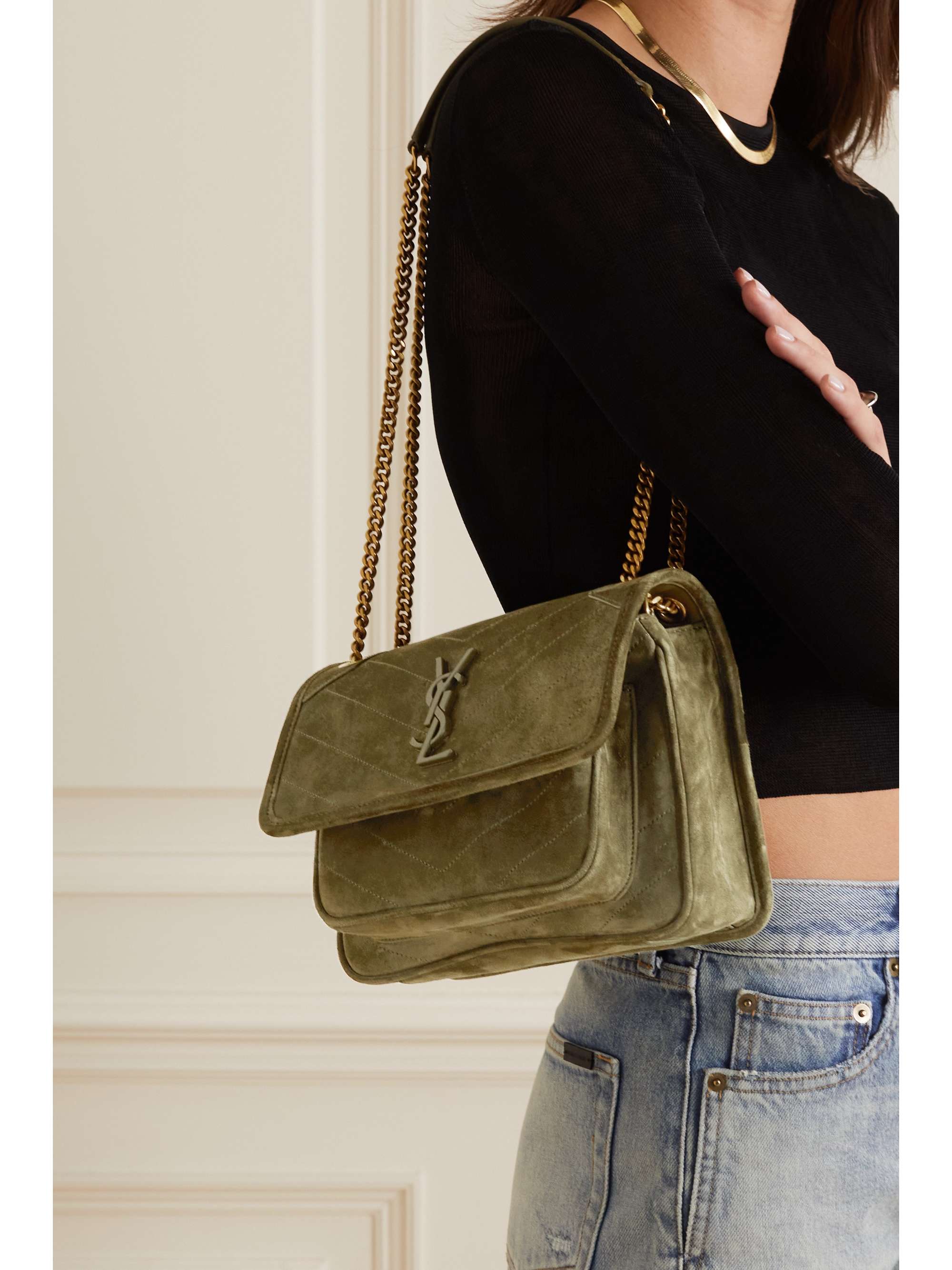 Niki Baby Velvet Shoulder Bag in Green - Saint Laurent