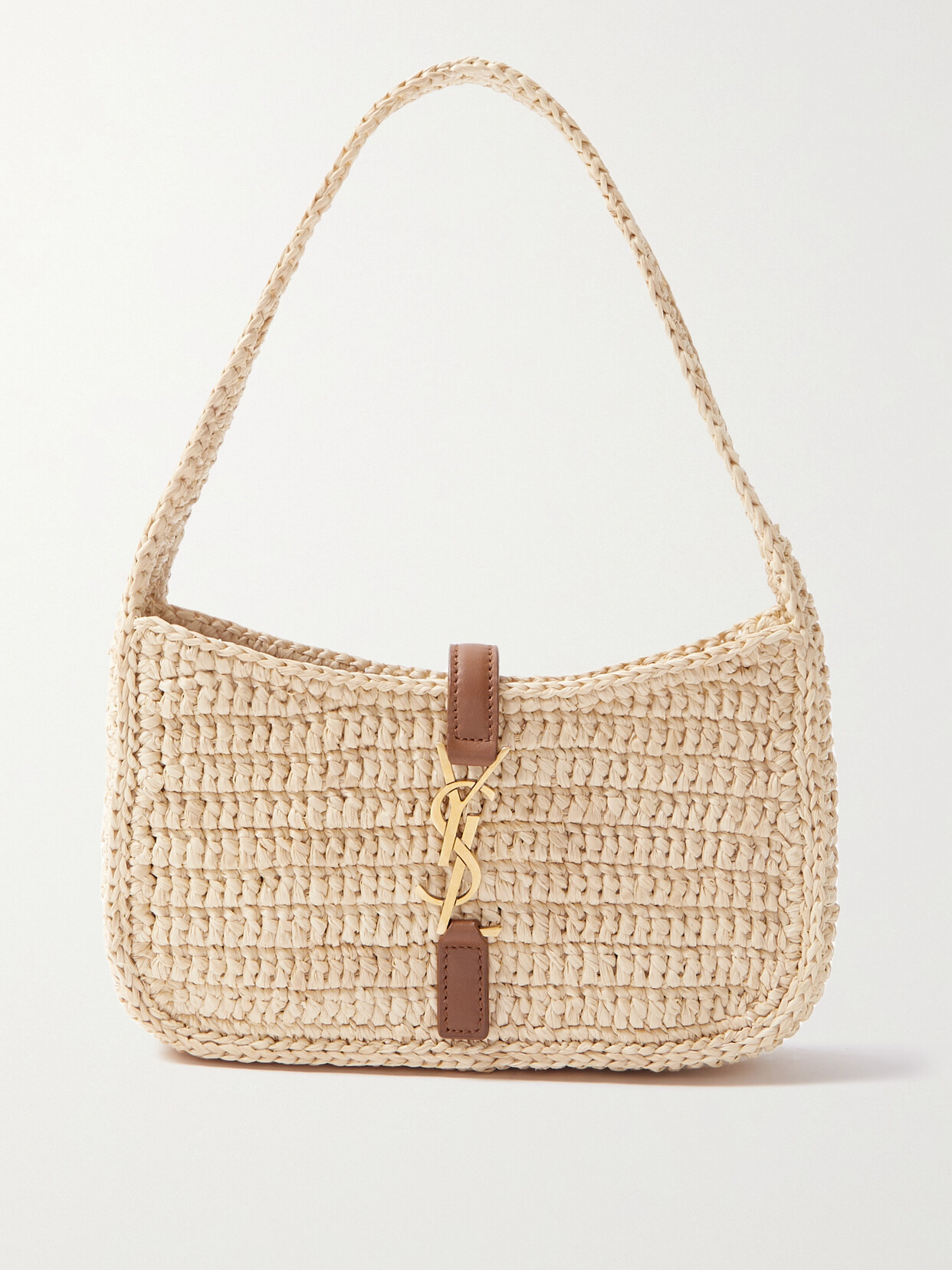 Saint Laurent Le 5 À 7 Leather-trimmed Raffia Shoulder Bag In Neutrals