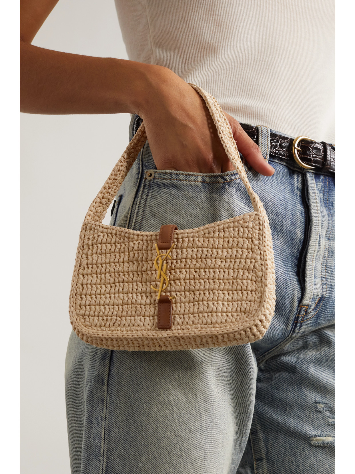 Saint Laurent Le 5 À 7 Leather-trimmed Raffia Shoulder Bag In Neutrals
