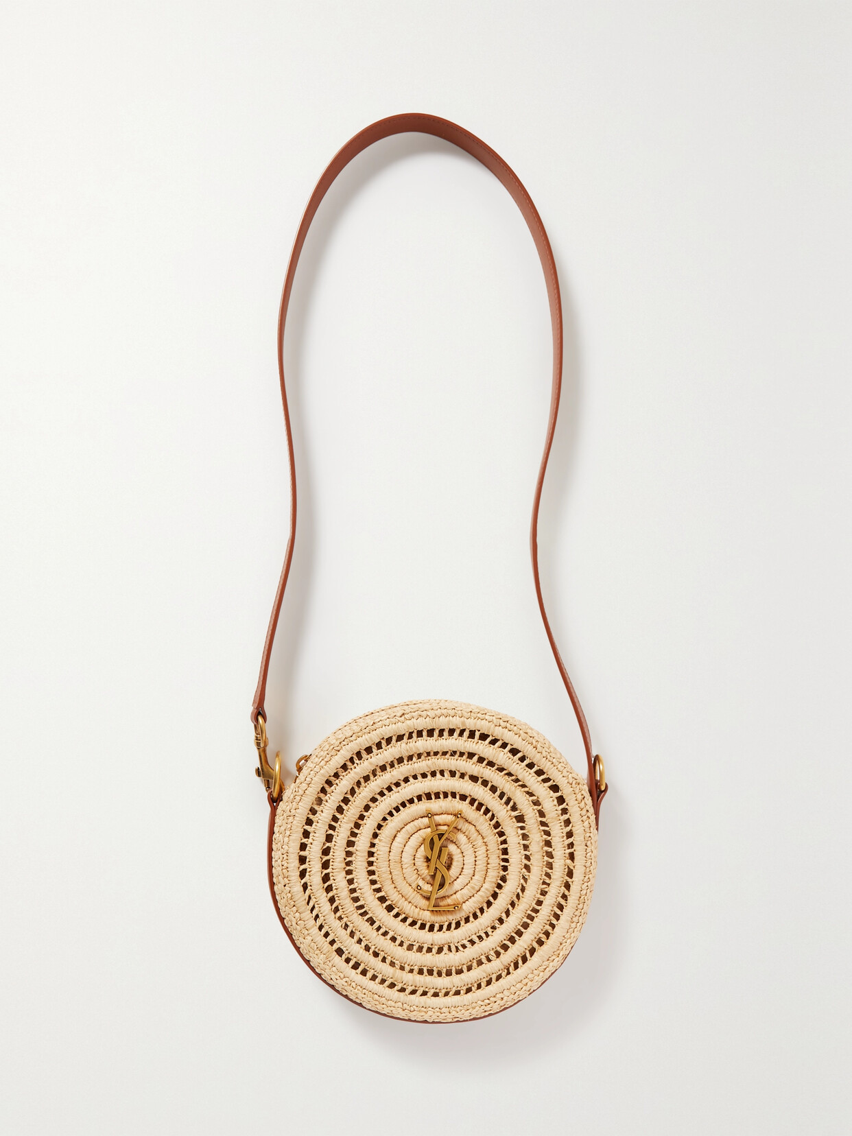 SAINT LAURENT - Cassandre Round Leather-trimmed Raffia Shoulder Bag - Neutrals