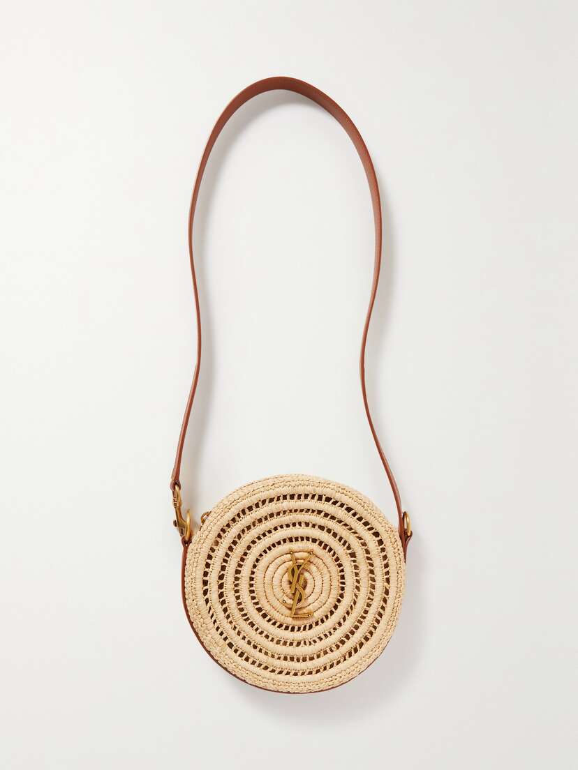 Saint Laurent Cassandre Round Leather-trimmed Raffia Shoulder Bag