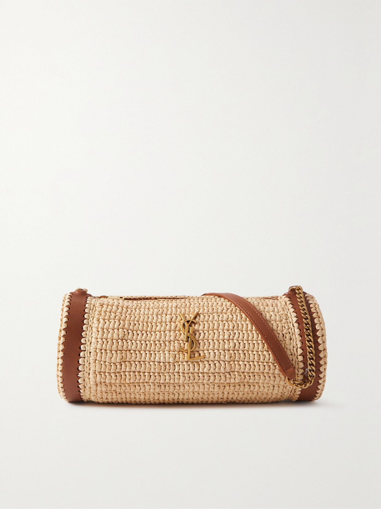 Saint Laurent Monogramme Embellished Leather-trimmed Raffia Shoulder Bag In Neutrals