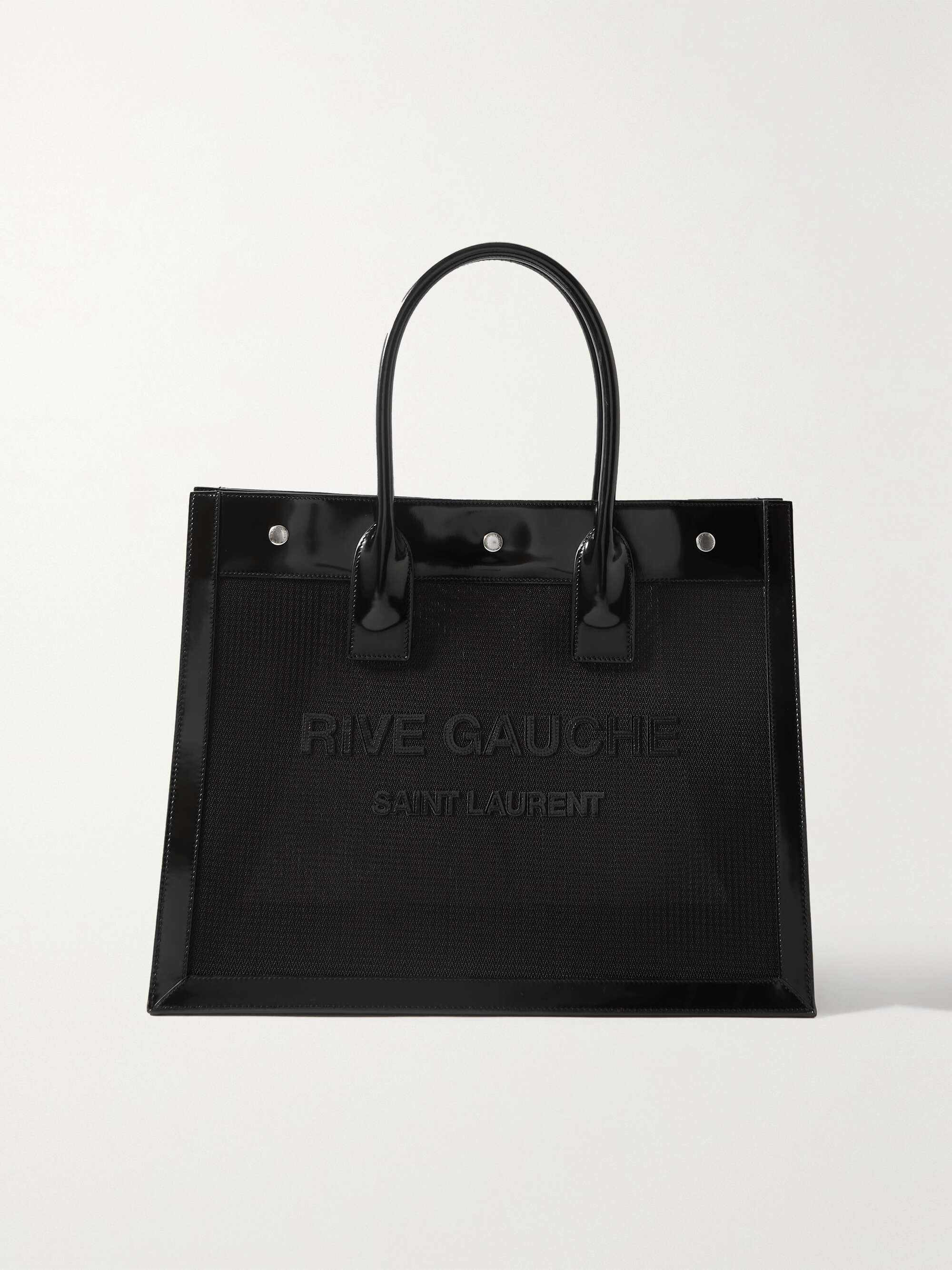 SAINT LAURENT Rive Gauche glossed-leather and appliquéd mesh tote | NET ...