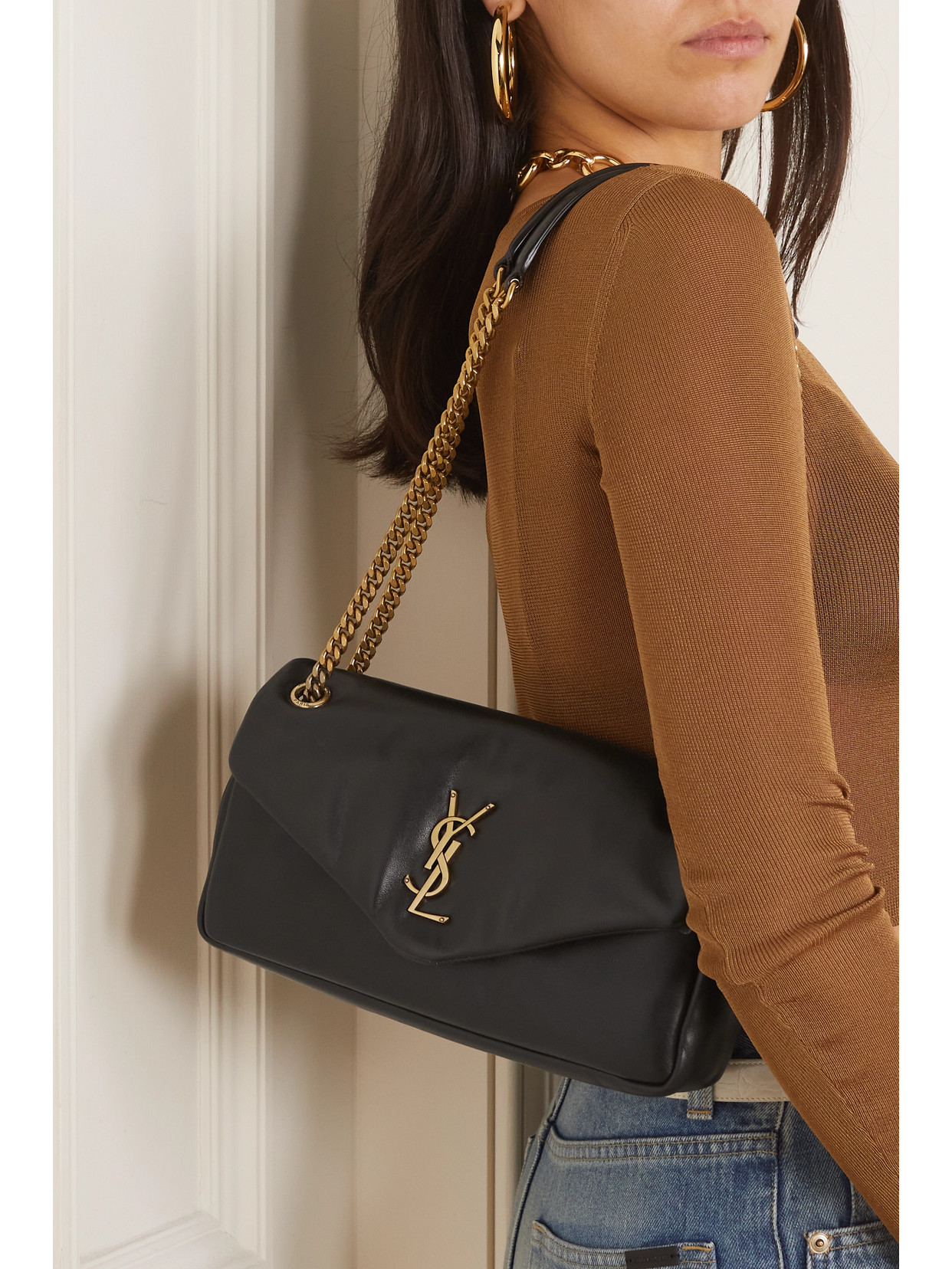 Saint Laurent Calypso Ysl Padded Lambskin Chain Shoulder Bag In Black