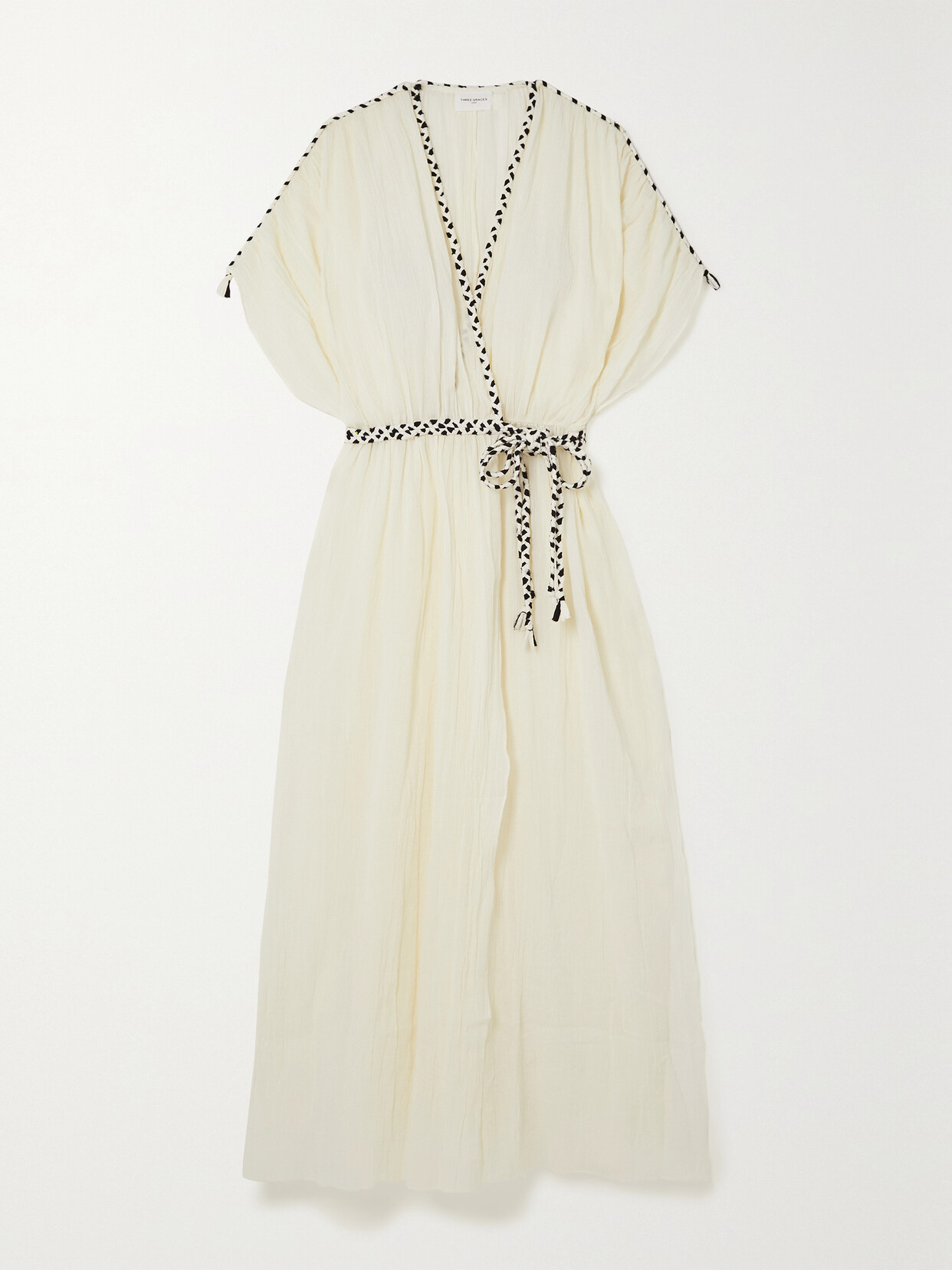 Three Graces London River Braid-trimmed Crinkled-cotton Midi Wrap Dress - Cream