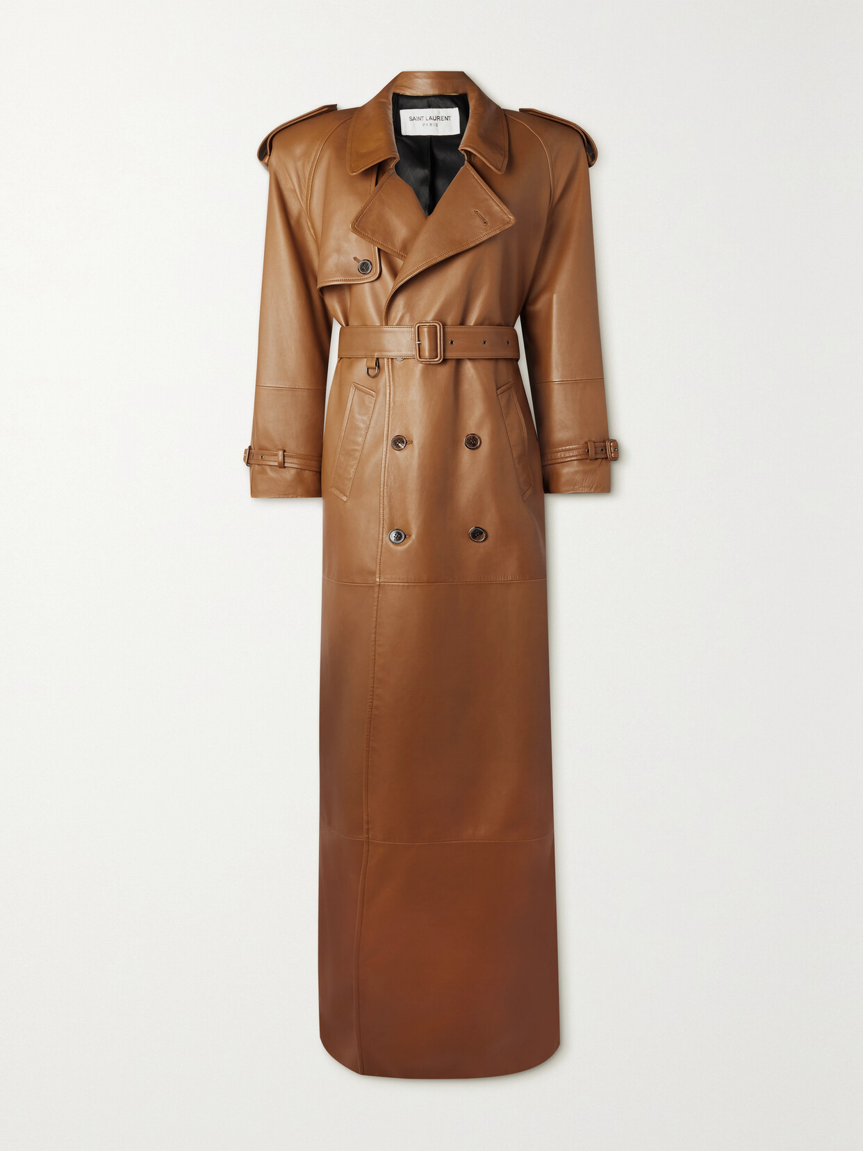 Shop Saint Laurent Belted Leather Trench Coat In Brown