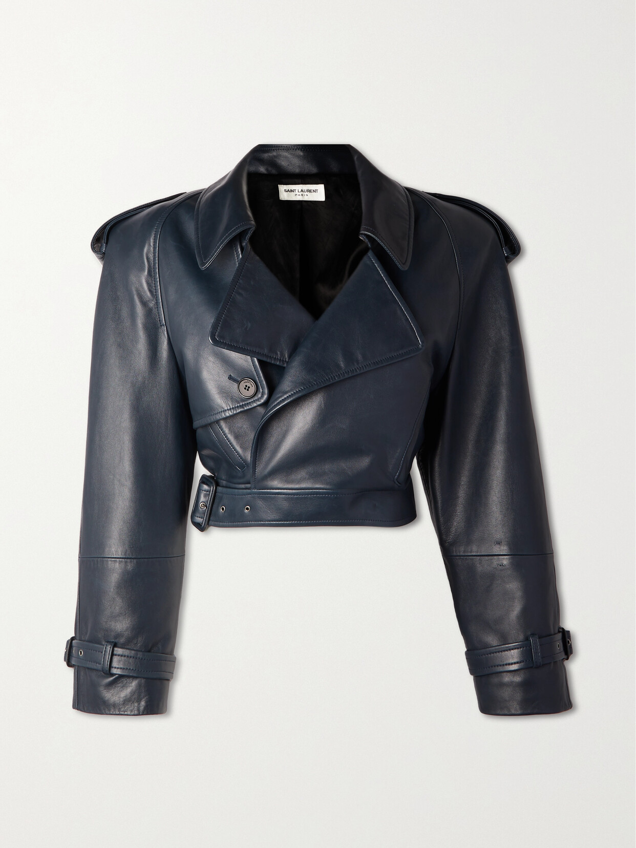 SAINT LAURENT - Belted Cropped Leather Jacket - Blue