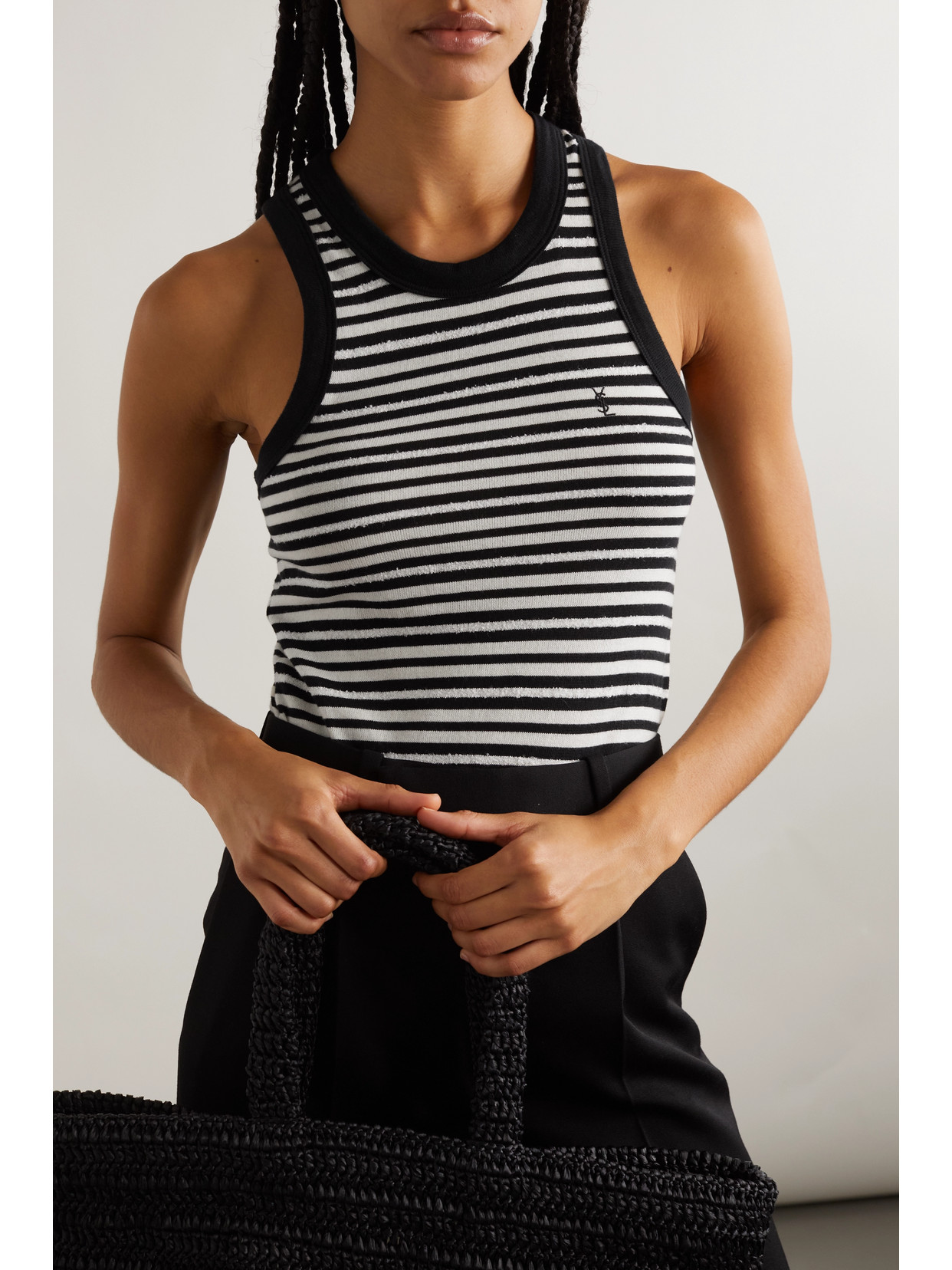 Shop Saint Laurent Distressed Striped Cotton Tank In Black