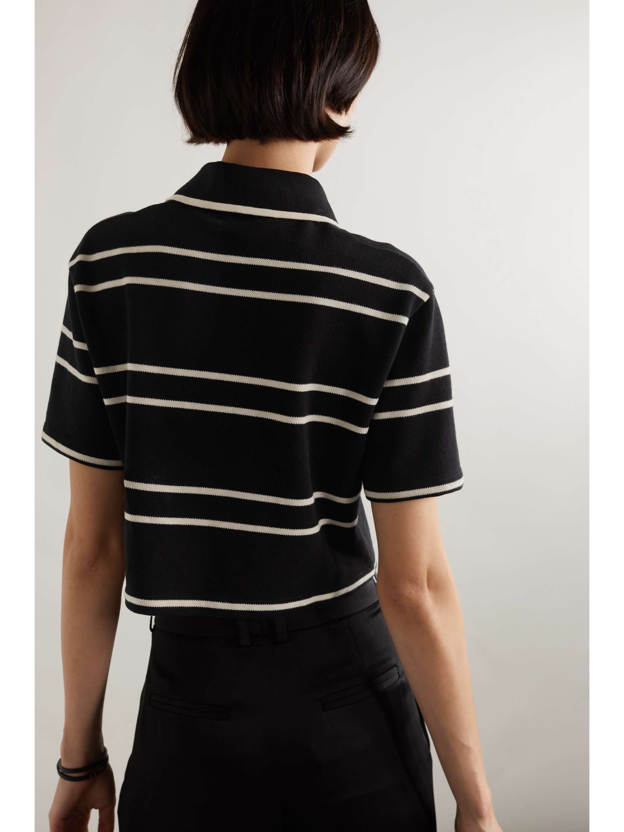 SAINT LAURENT Striped cropped cotton-piqué polo shirt