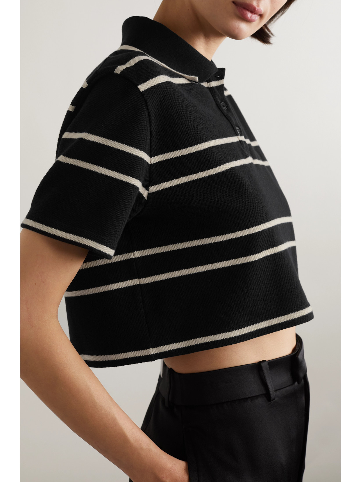 Shop Saint Laurent Striped Cropped Cotton-piqué Polo Shirt In Black