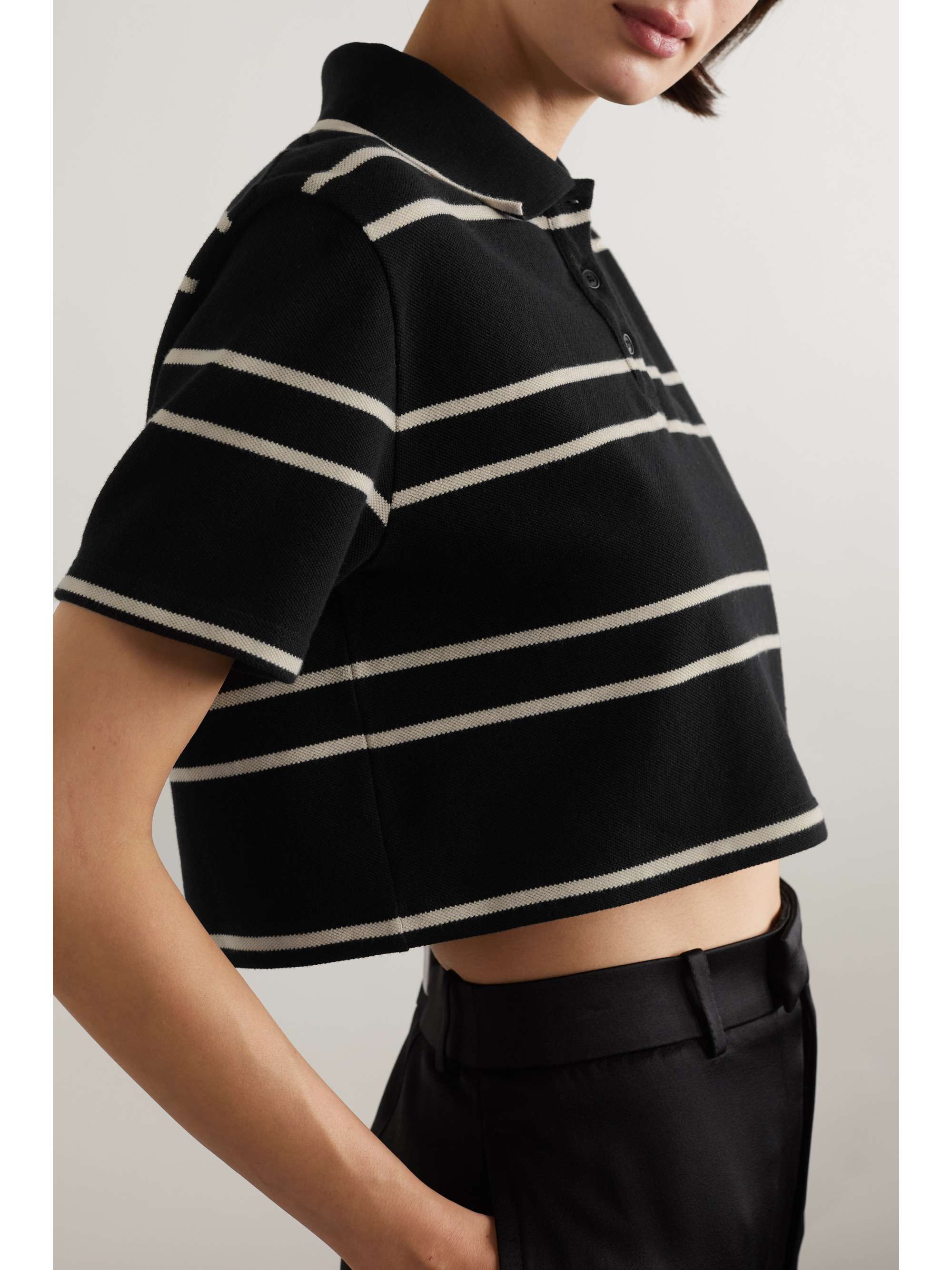 Striped cropped cotton pique polo shirt black XS