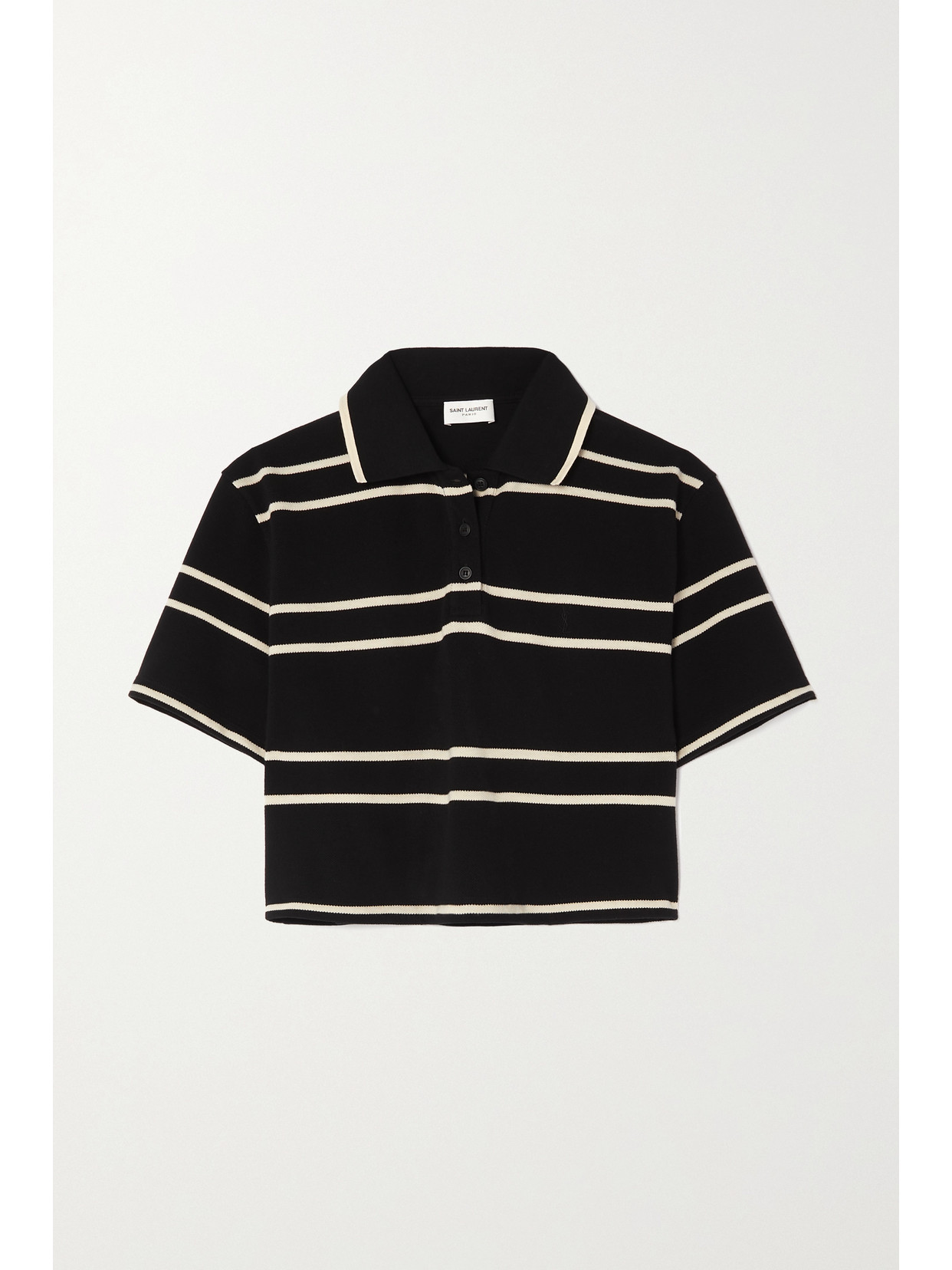 Shop Saint Laurent Striped Cropped Cotton-piqué Polo Shirt In Black