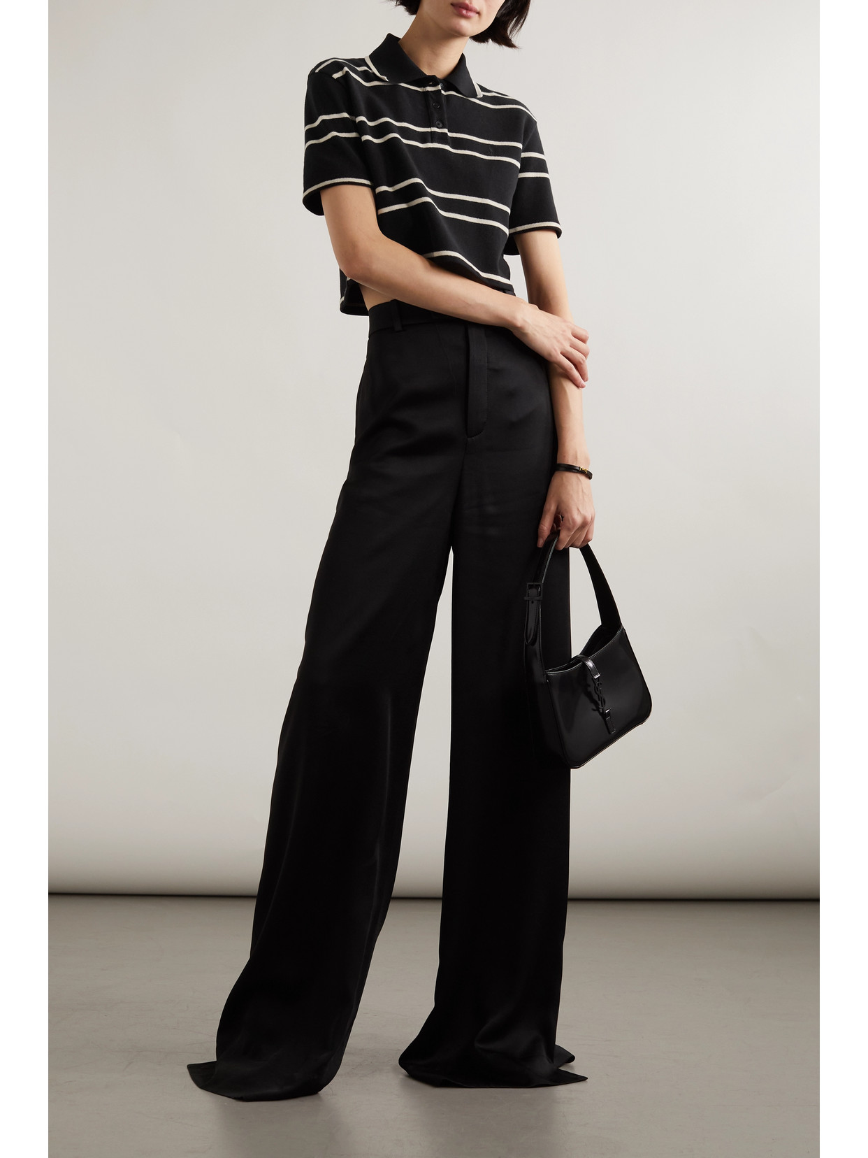 Shop Saint Laurent Striped Cropped Cotton-piqué Polo Shirt In Black