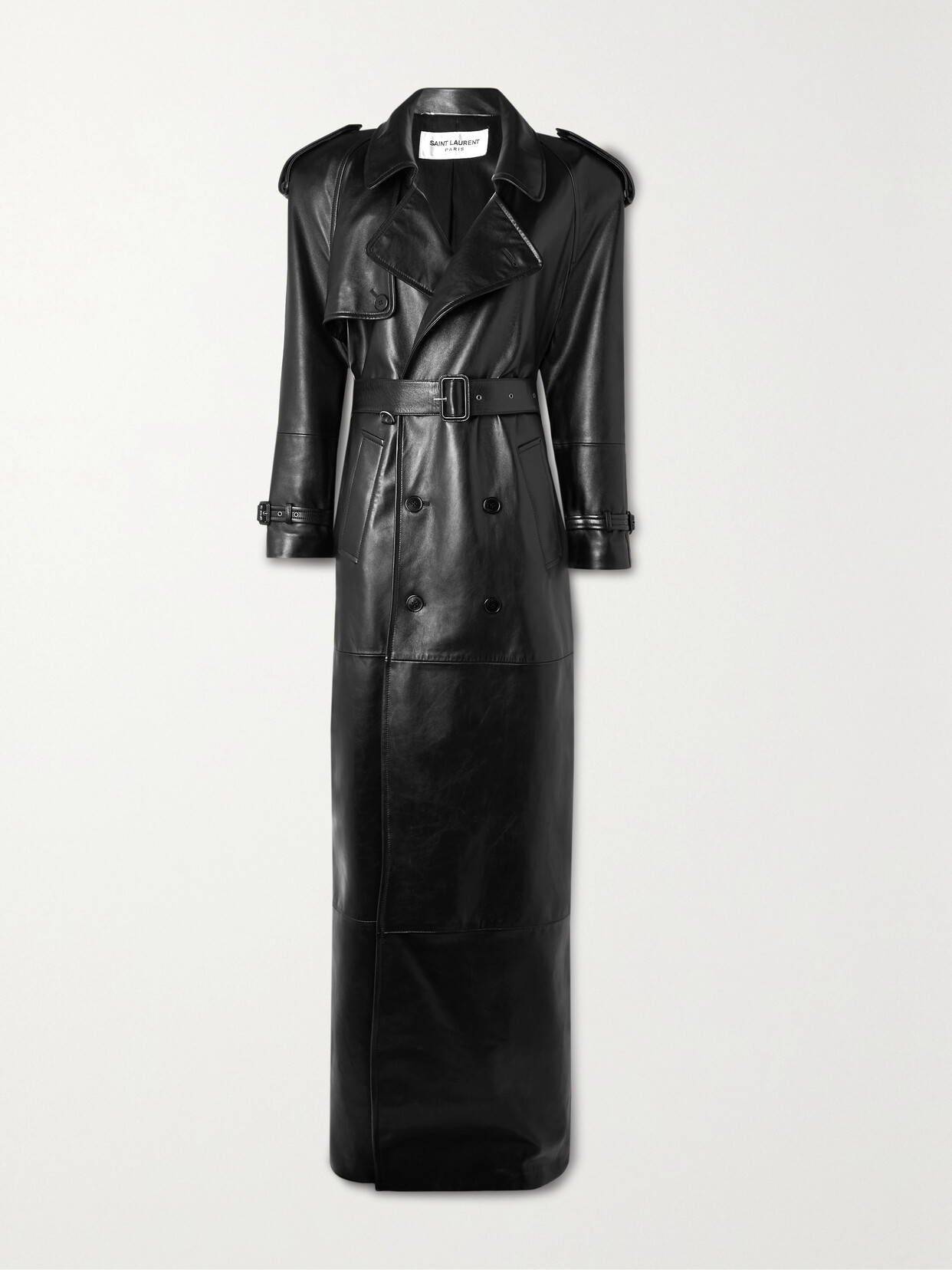 Saint Laurent Belted Leather Trench Coat In Noir