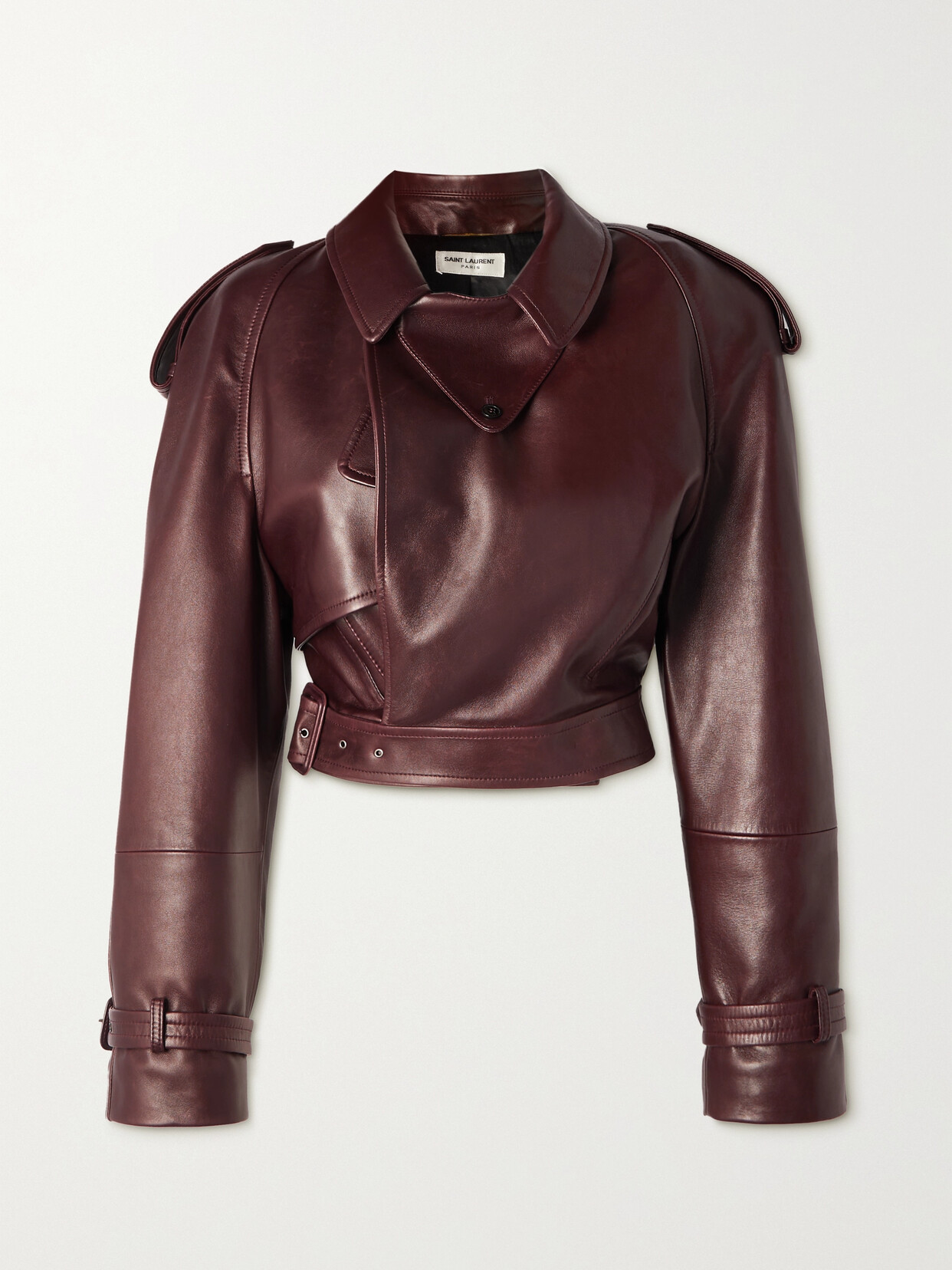 SAINT LAURENT - Belted Cropped Leather Jacket - Burgundy