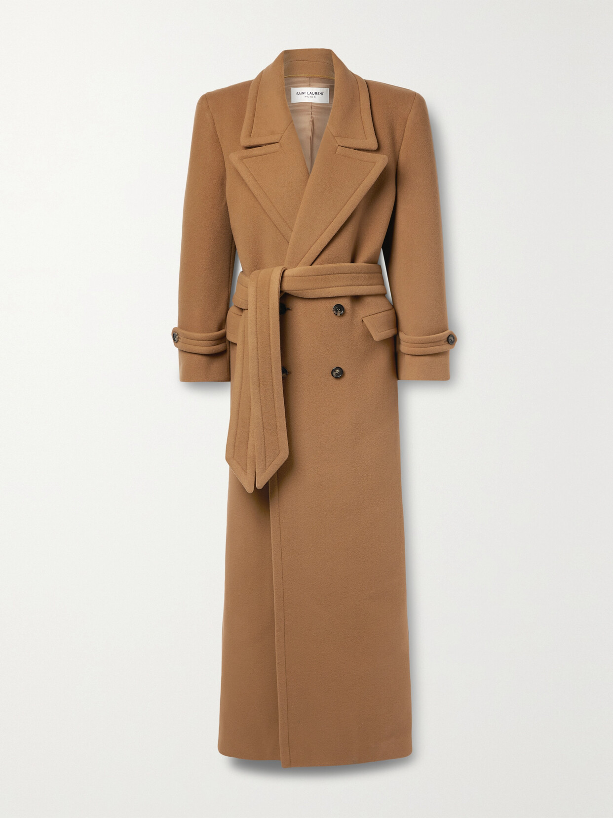 Saint Laurent Oversized Belted Double-breasted Wool Coat In Brown