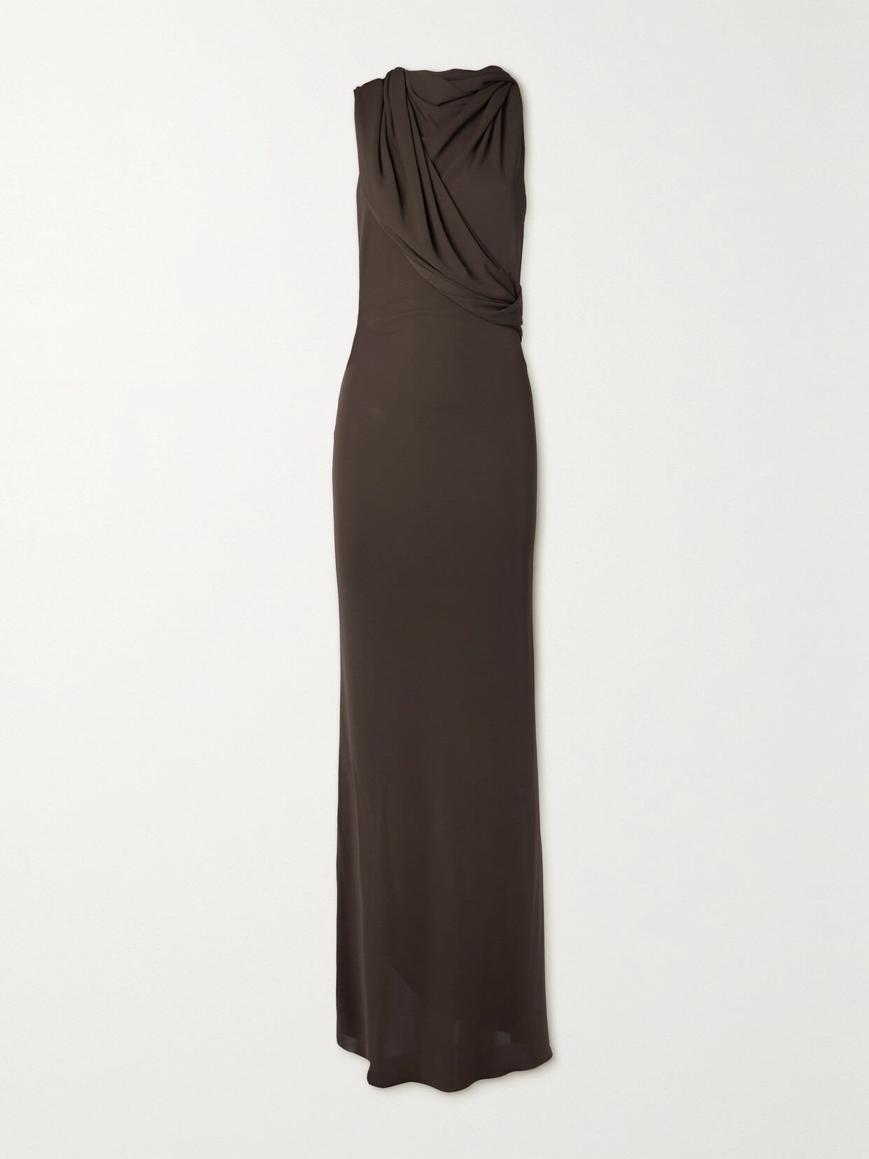 Shop Saint Laurent Hooded Asymmetric Cutout Draped Knitted Maxi Dress In Brown