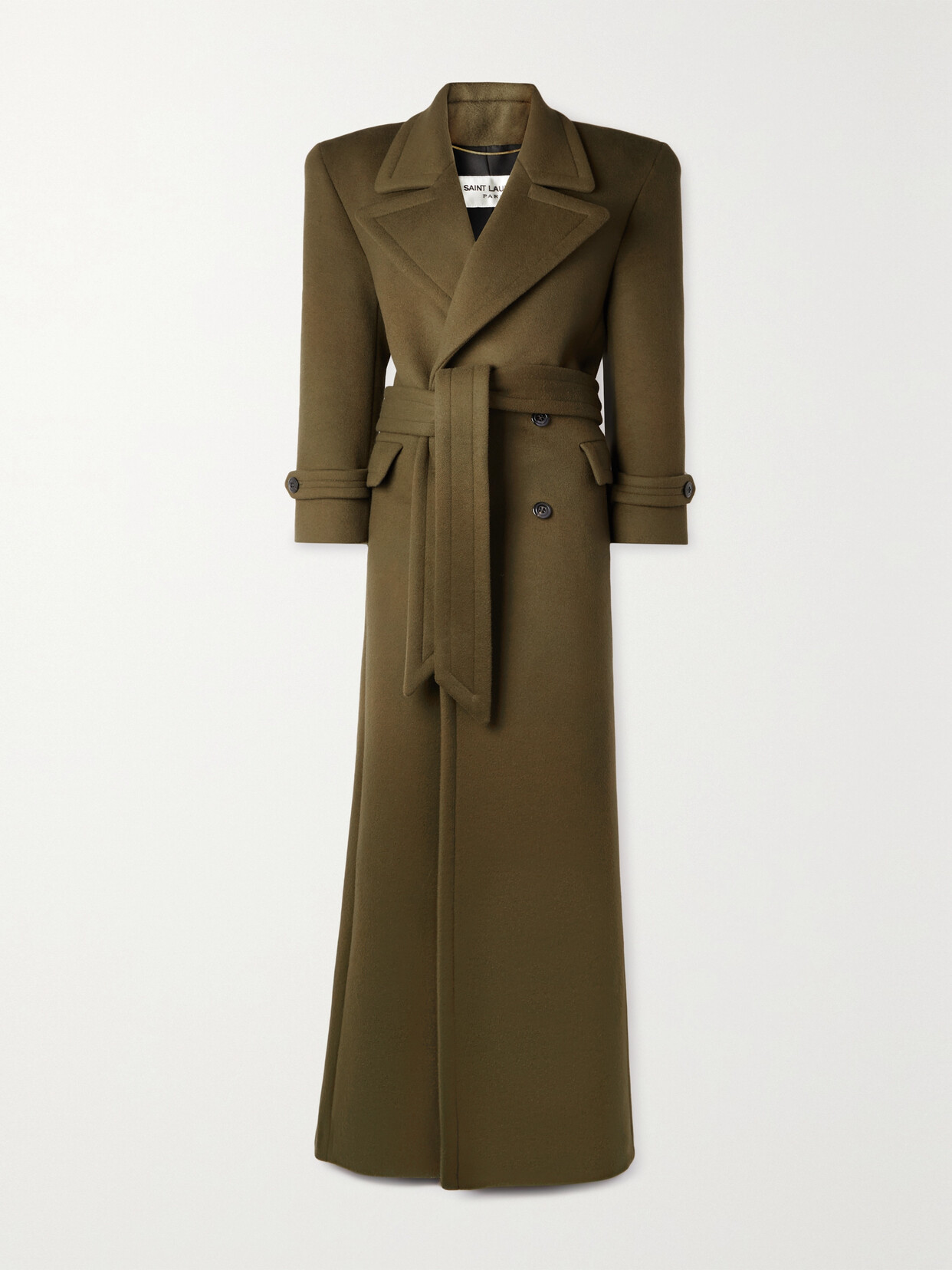 Saint Laurent Double-breasted Belted Wool Coat In Green