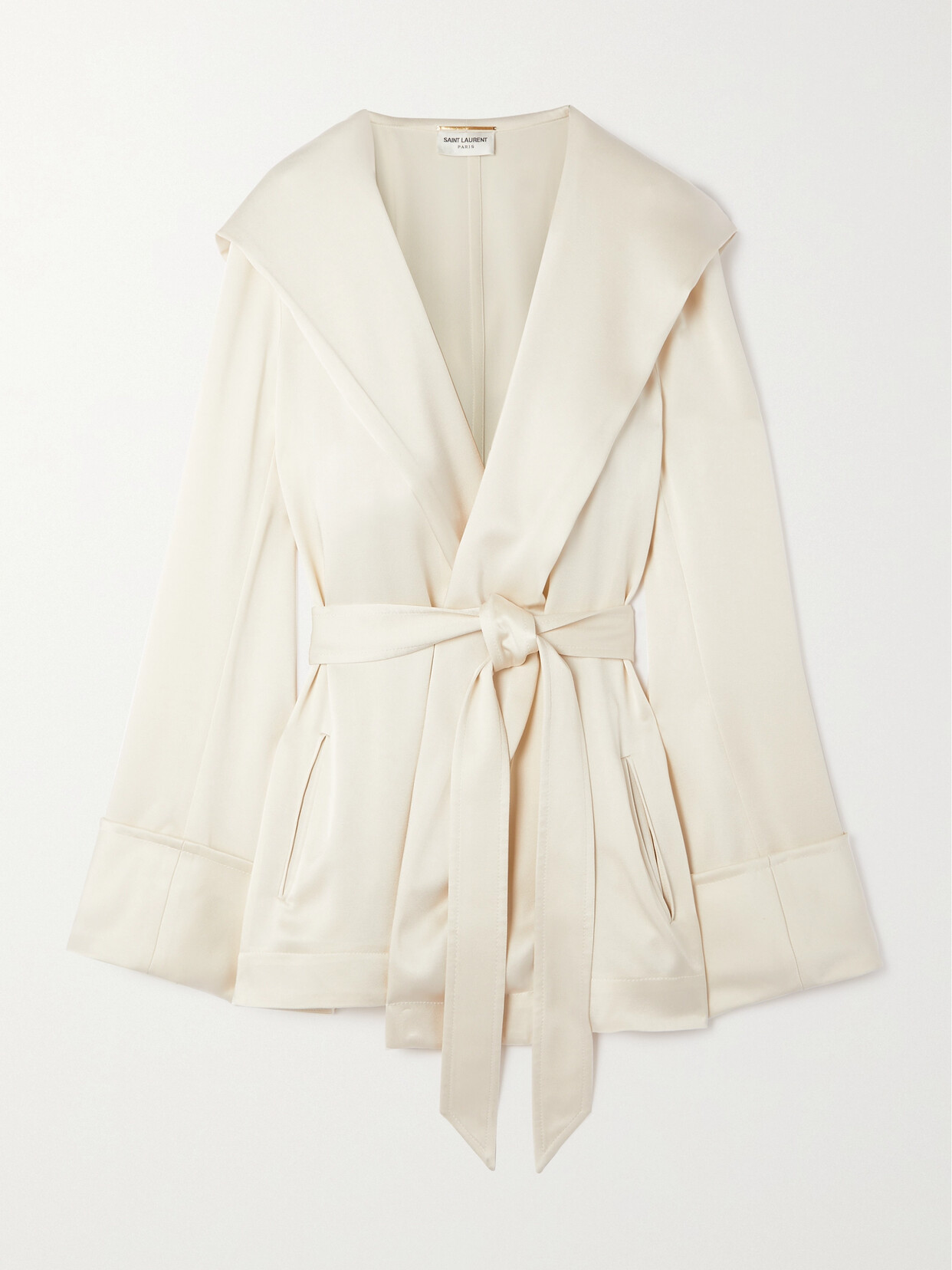 SAINT LAURENT - Belted Hooded Satin-crepe Jacket - Cream