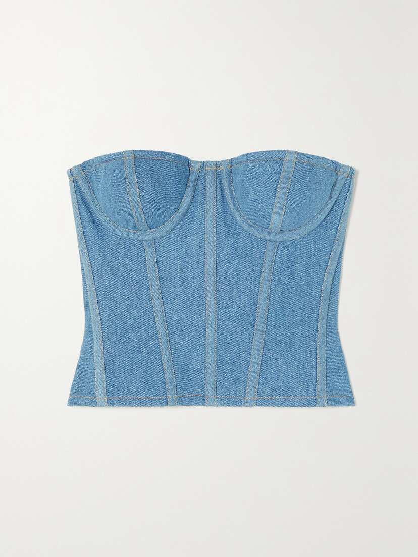 Sergio Hudson Strapless Paneled Denim Bustier Top
