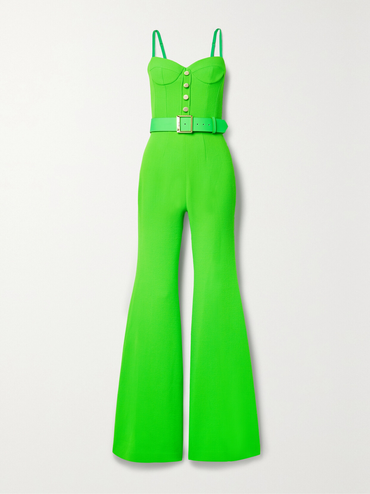 Sergio Hudson Belted Nubuck-trimmed Neon Wool-crepe Jumpsuit - Green