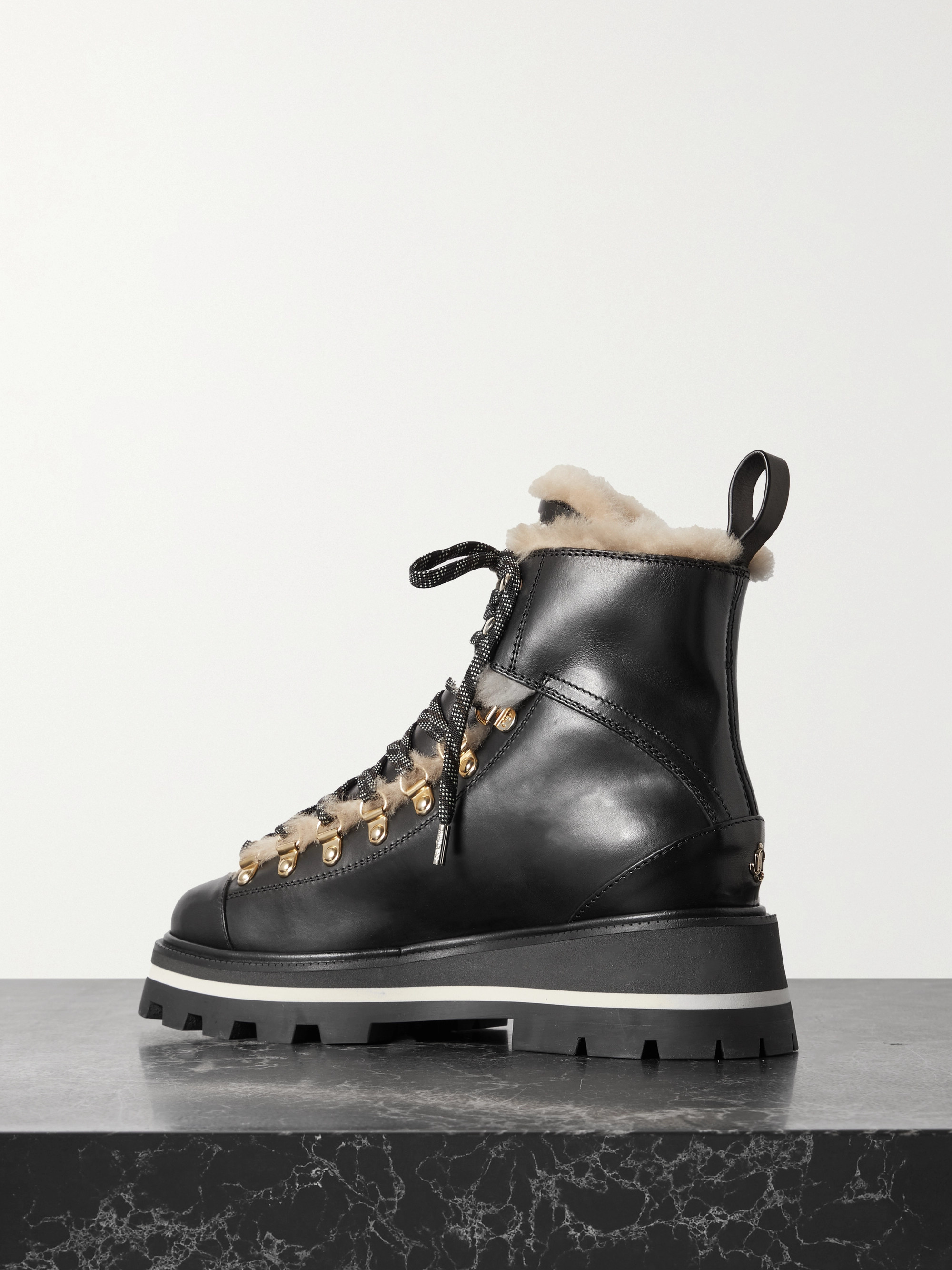 JIMMY CHOO Chike shearling-trimmed leather combat boots thumbnail