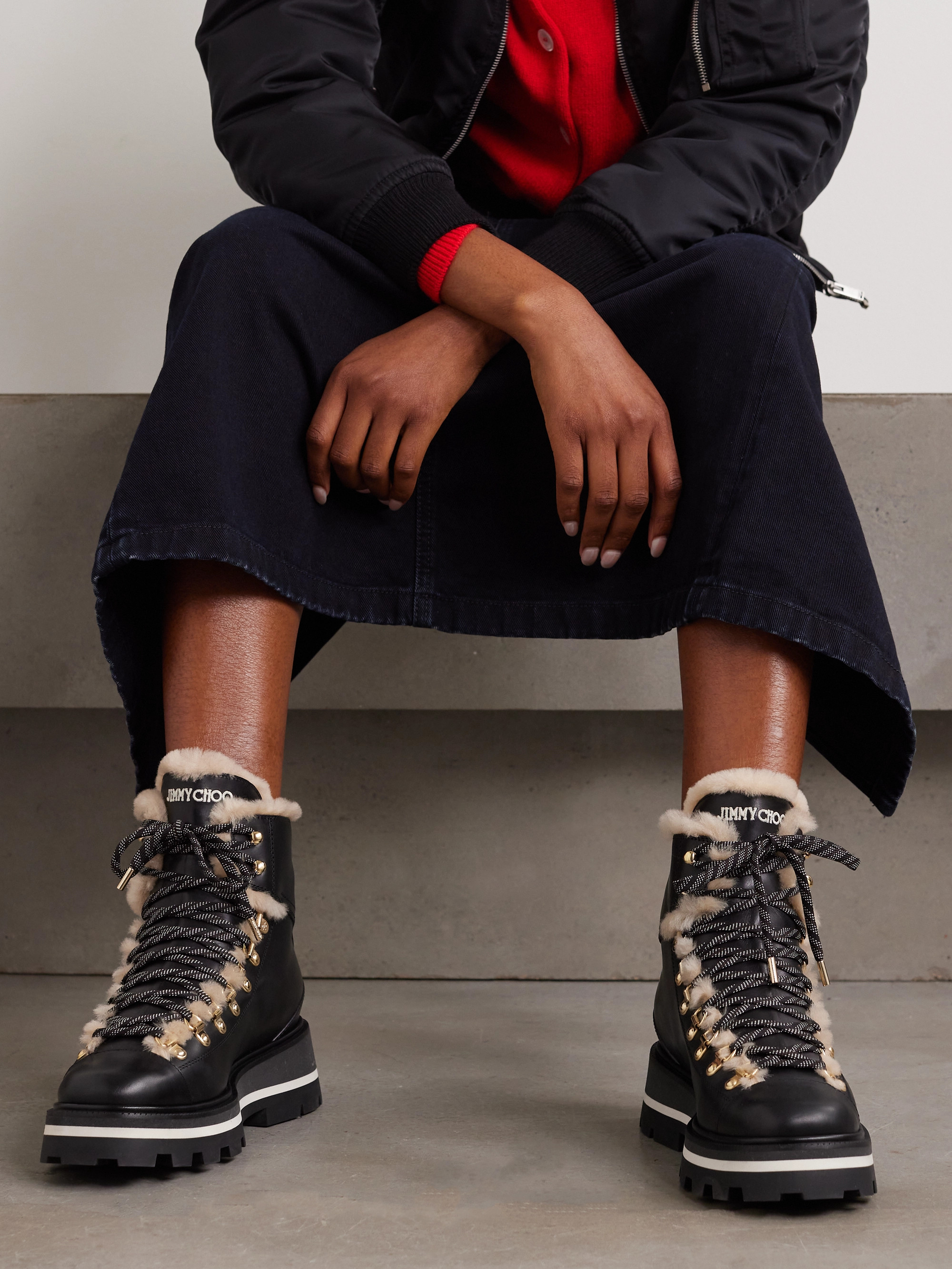 JIMMY CHOO Chike shearling-trimmed leather combat boots thumbnail