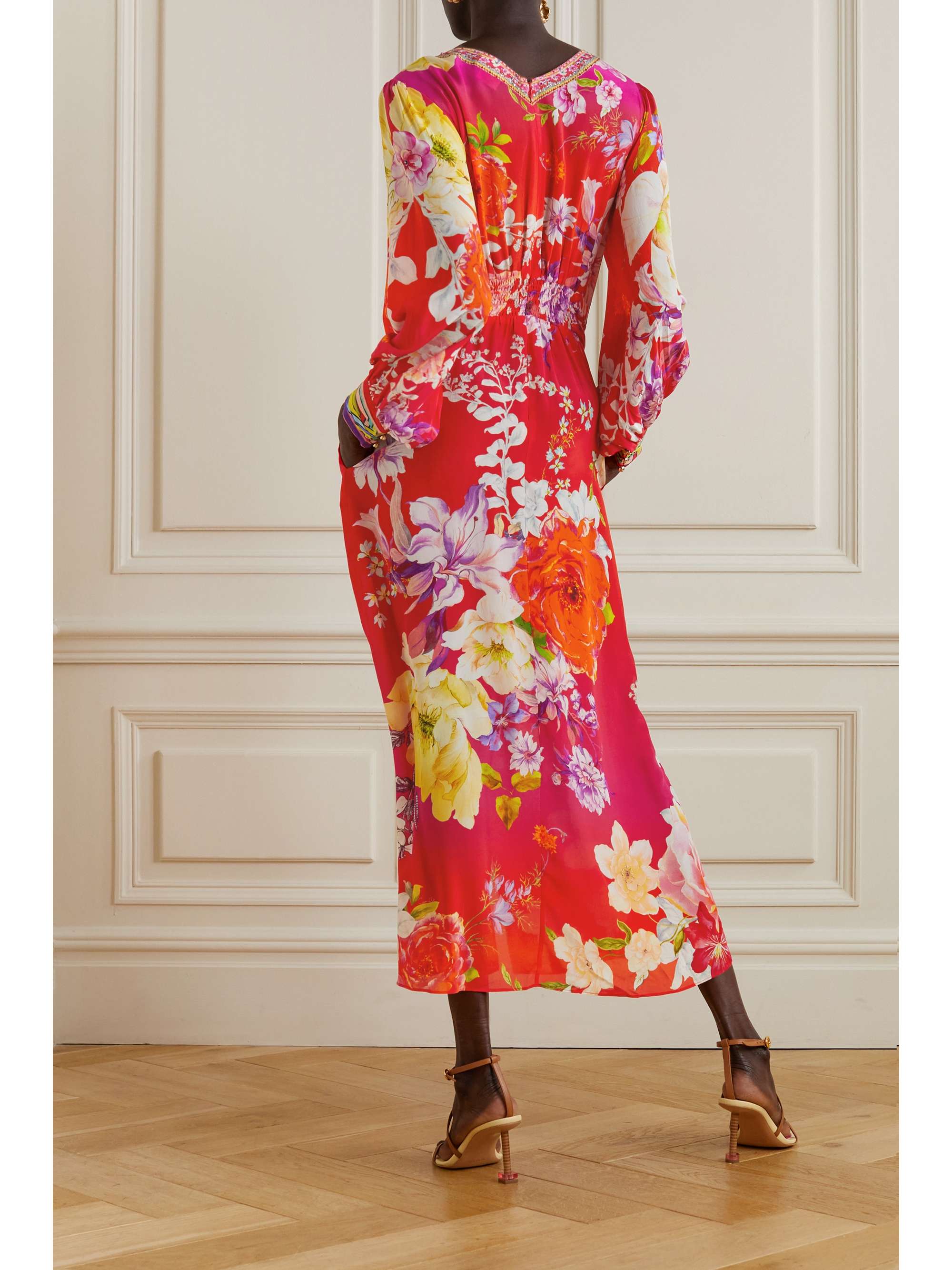 CAMILLA Twist-front crystal-embellished floral-print silk crepe de chine dress