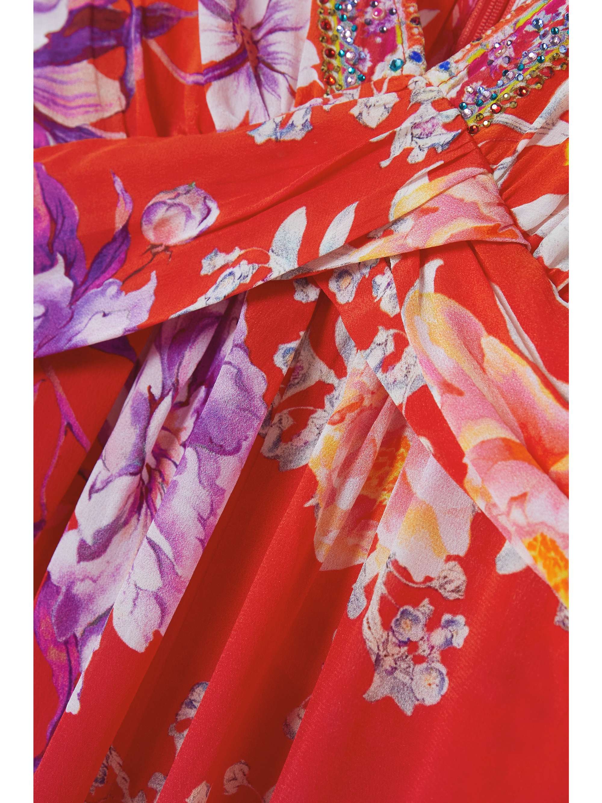 CAMILLA Twist-front crystal-embellished floral-print silk crepe de chine dress