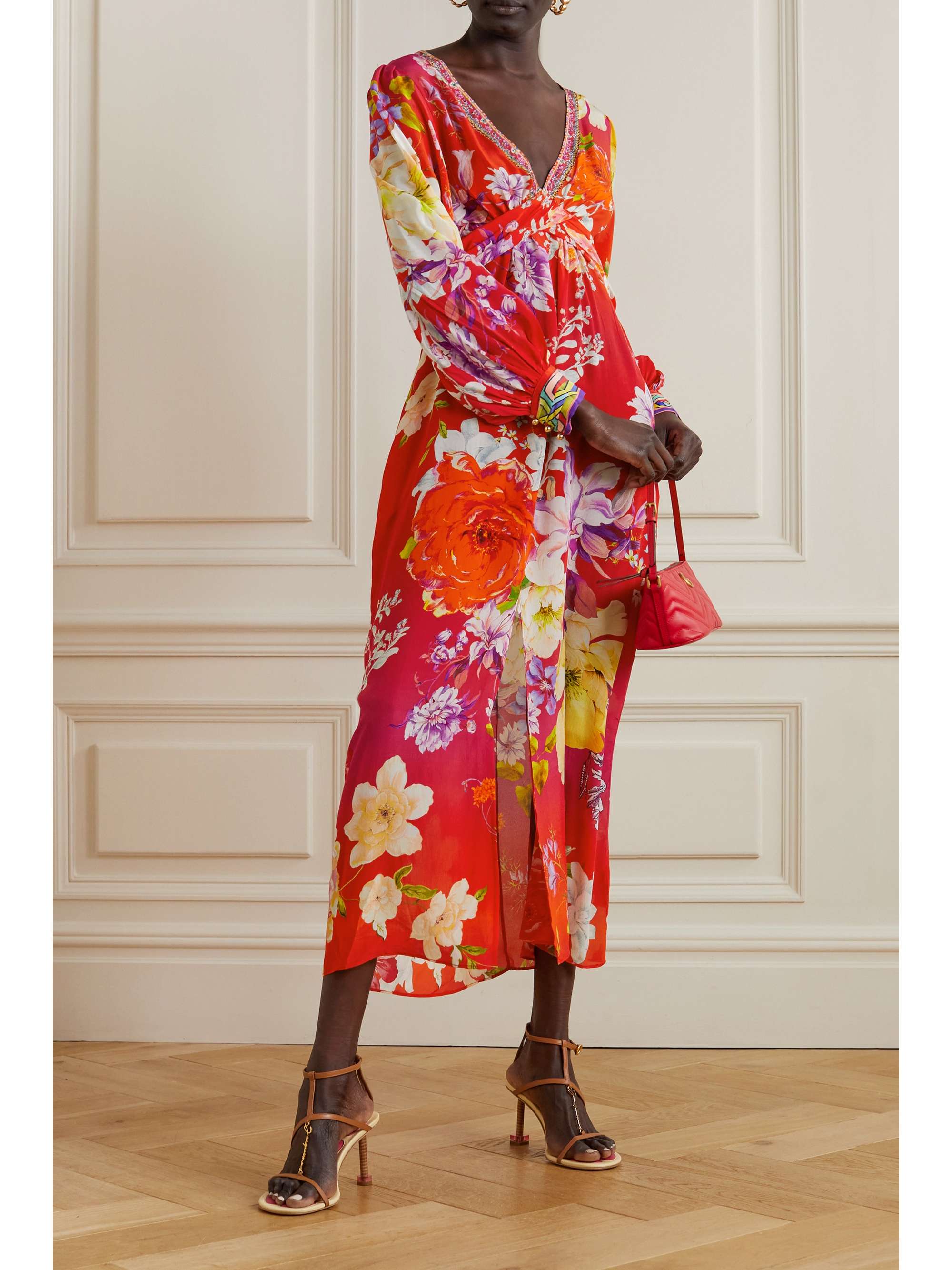 CAMILLA Twist-front crystal-embellished floral-print silk crepe de chine dress
