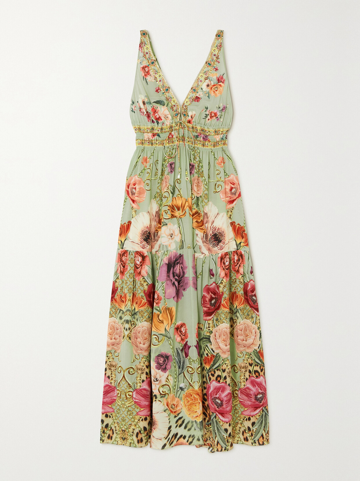 Camilla - Crystal-embellished Shirred Floral-print Silk-georgette Maxi Dress - Green