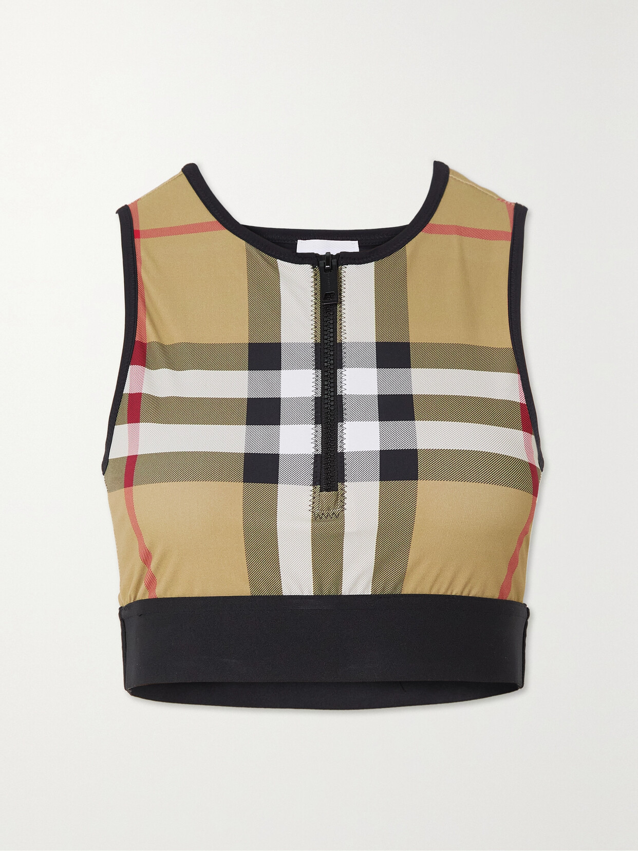 Shop Burberry Cropped Zip-detailed Checked Stretch-jersey Top In Neutrals